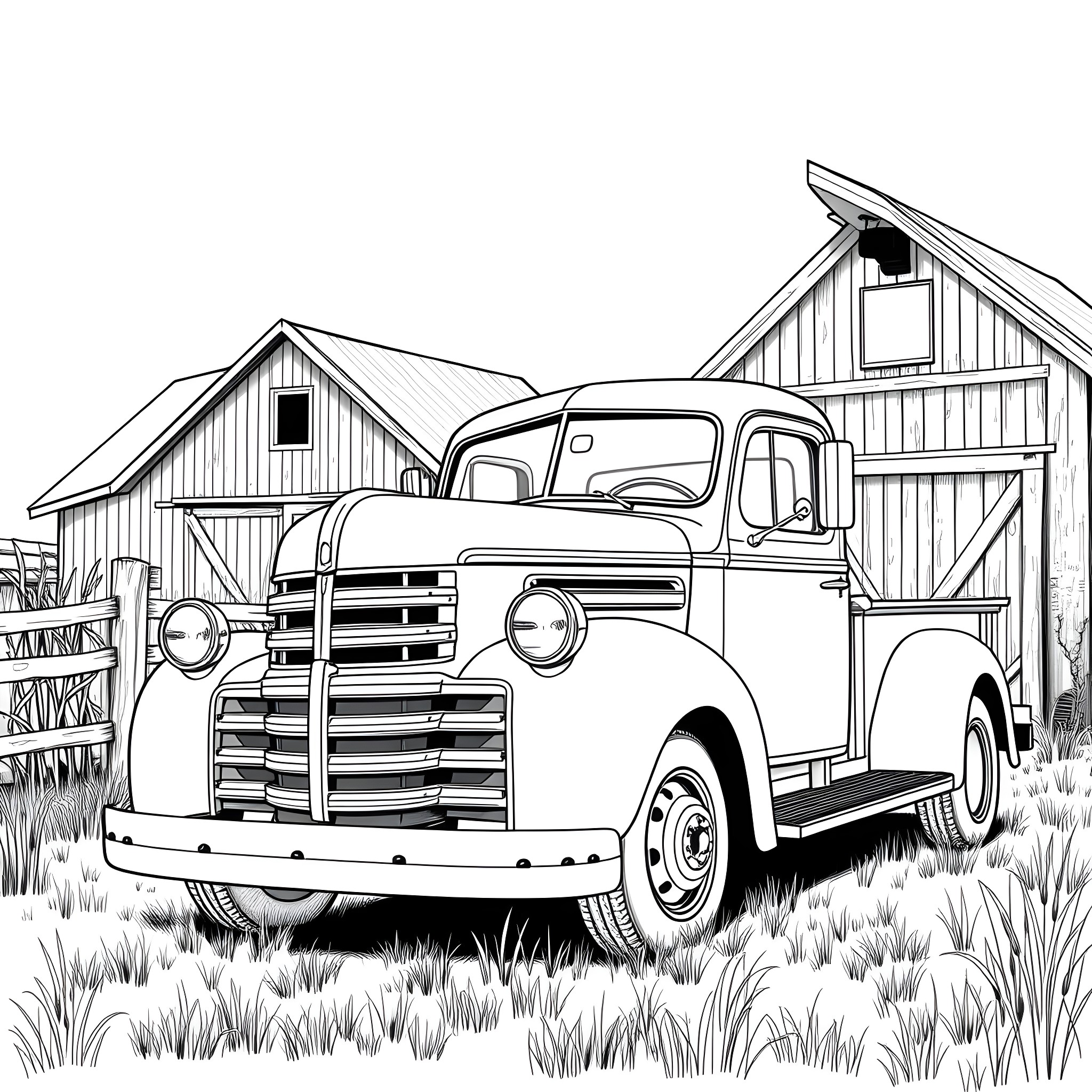 Truck parked in front of rustic barn Coloring Page (free black-and-white line drawing printable PDF for all, from beginners to advanced learners, including children, teens, adults, and seniors)