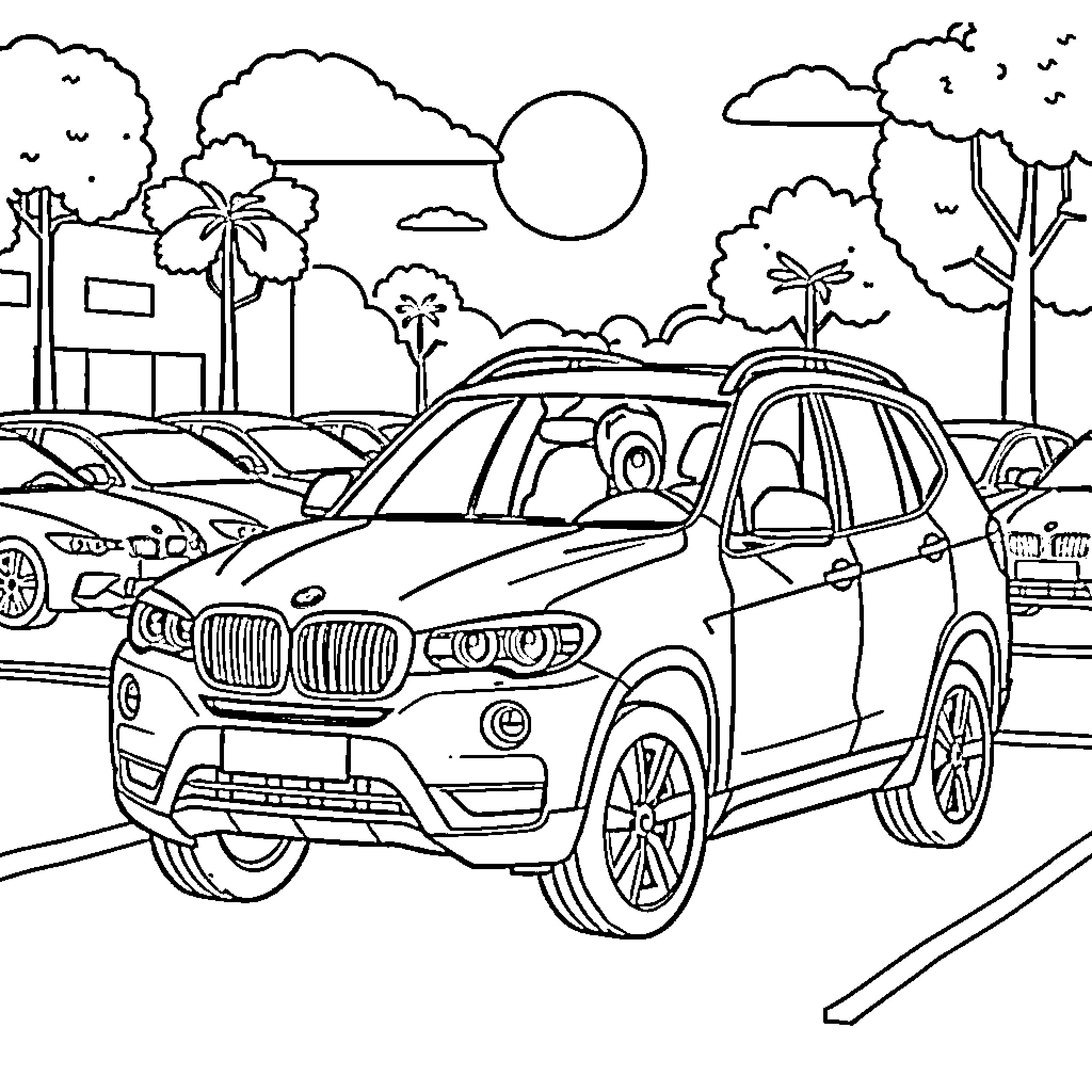 BMW X3 on the road in a scenic landscape Coloring Page (free black-and-white line drawing printable PDF for all, from beginners to advanced learners, including children, teens, adults, and seniors)