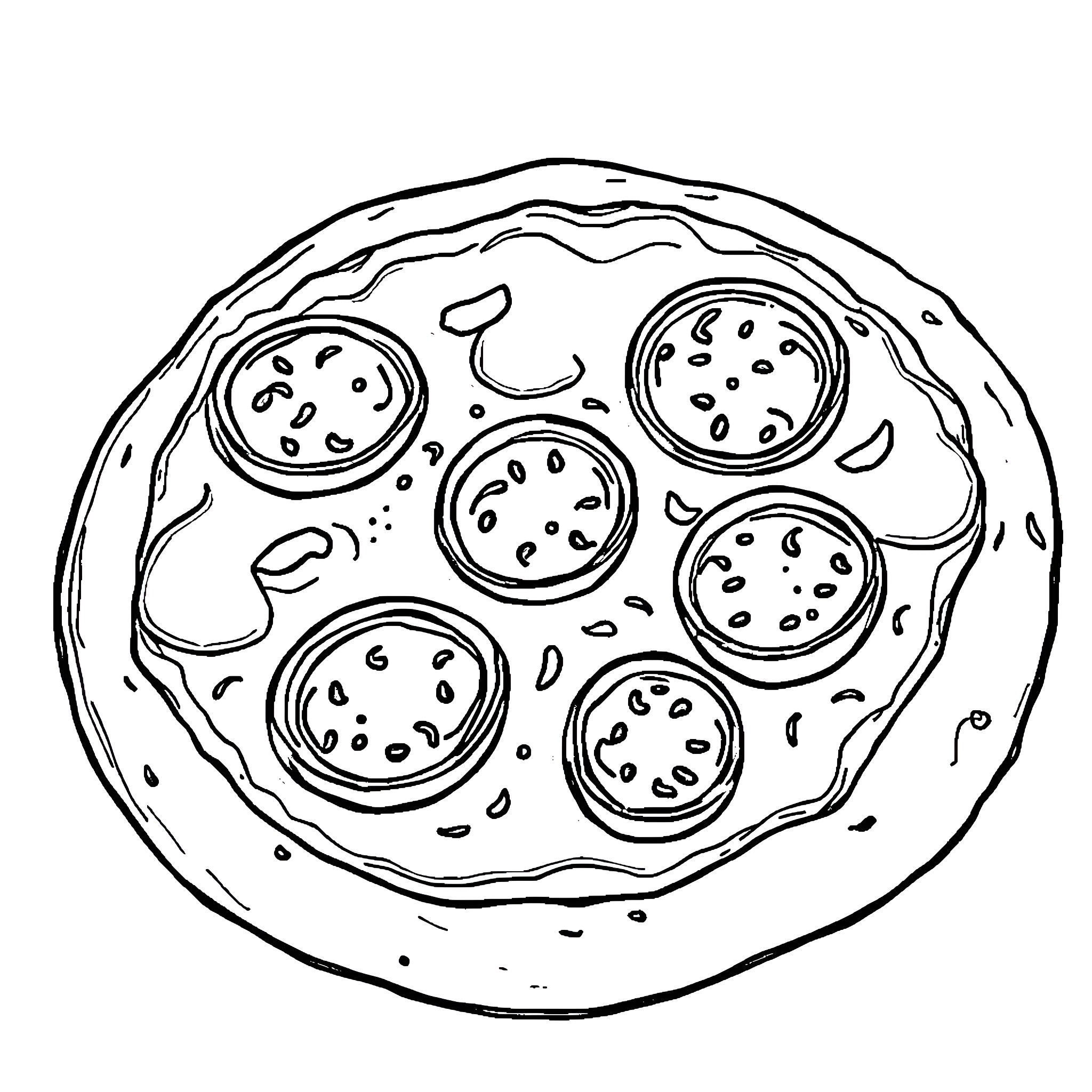 Pizza with assorted toppings Coloring Page (free black-and-white line drawing printable PDF for all, from beginners to advanced learners, including children, teens, adults, and seniors)