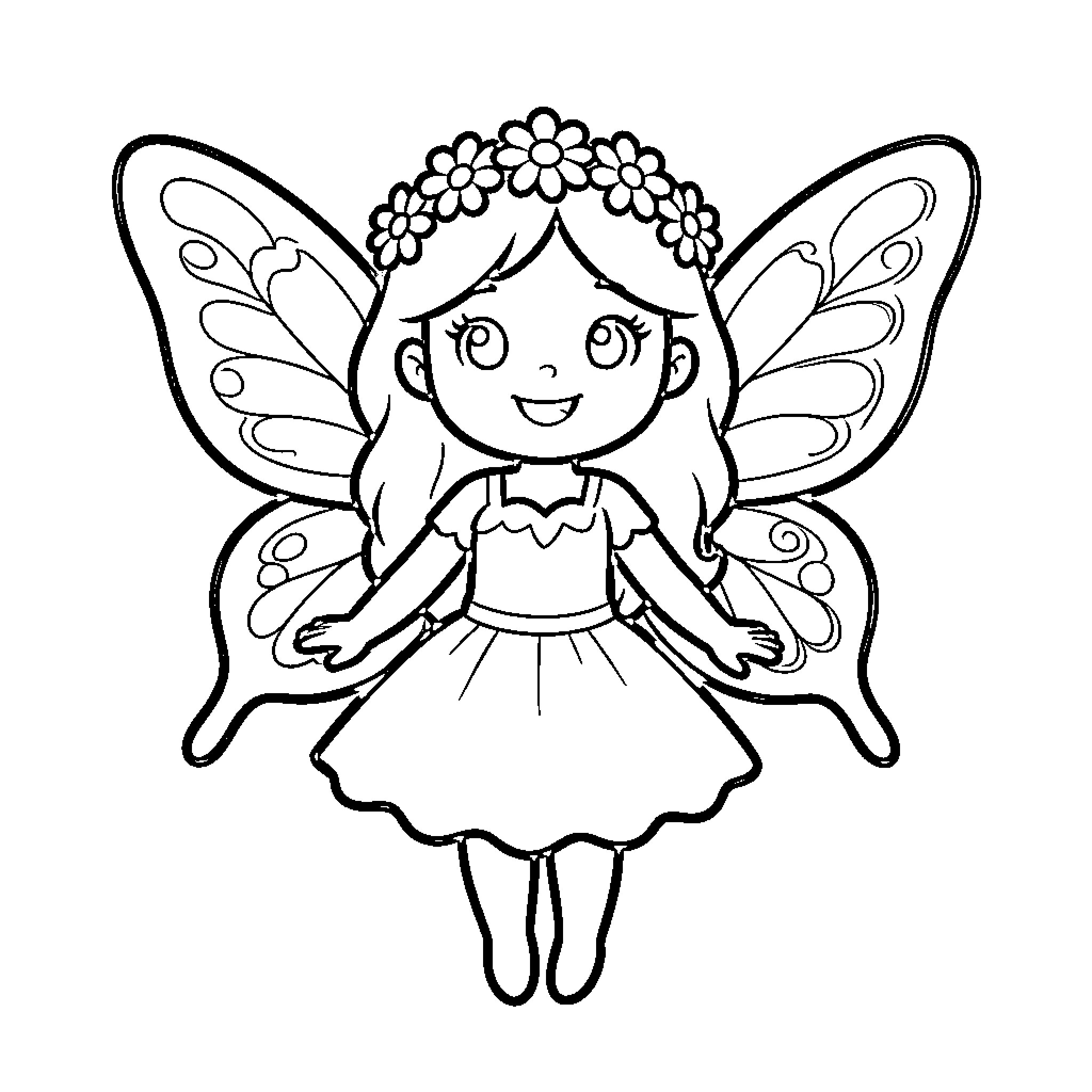 Fairy girl with butterfly wings and flower crown Coloring Page (free black-and-white line drawing printable PDF for all, from beginners to advanced learners, including children, teens, adults, and seniors)