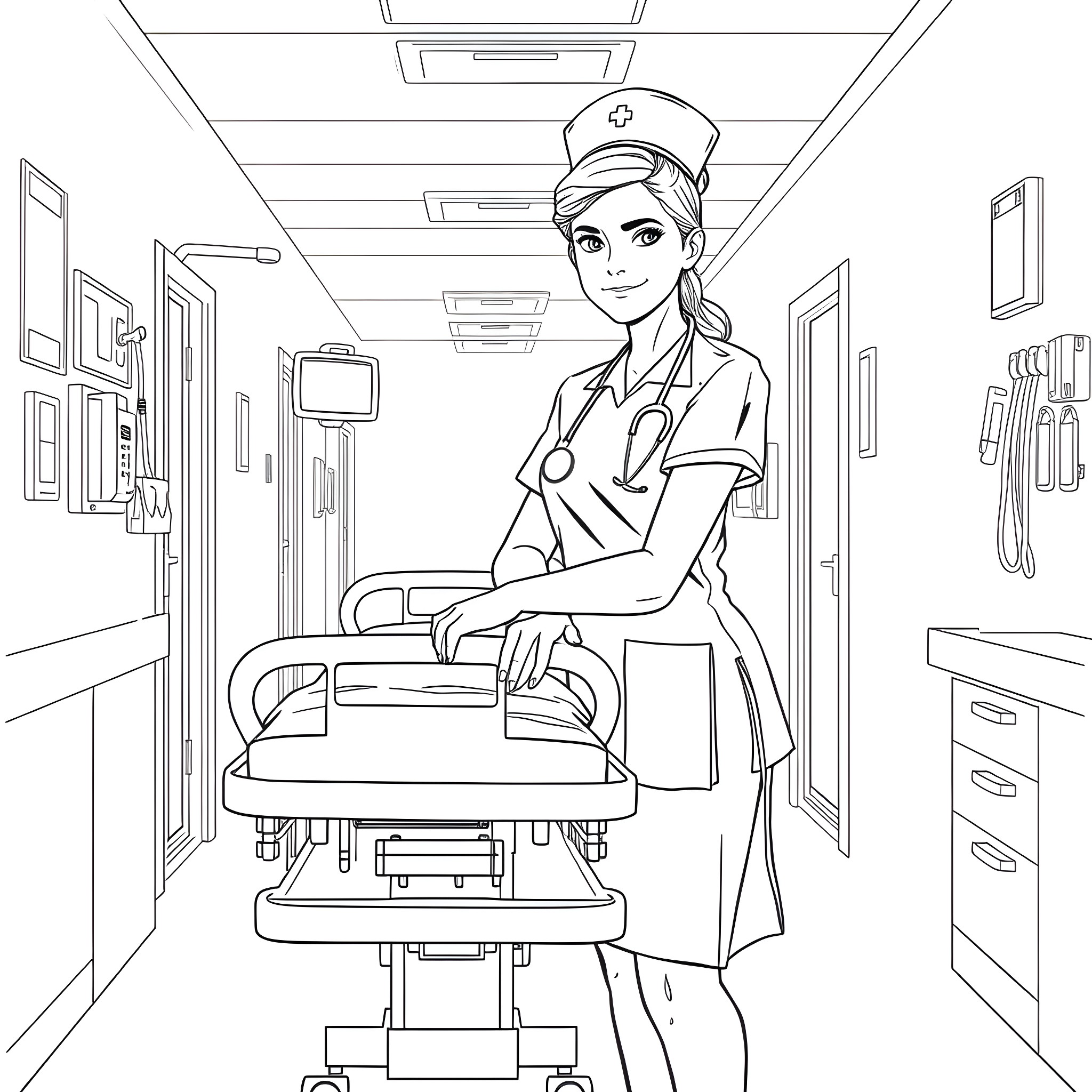 Nurse Assisting Patient in Medical Facility Coloring Page (free black-and-white line drawing printable PDF for all, from beginners to advanced learners, including children, teens, adults, and seniors)