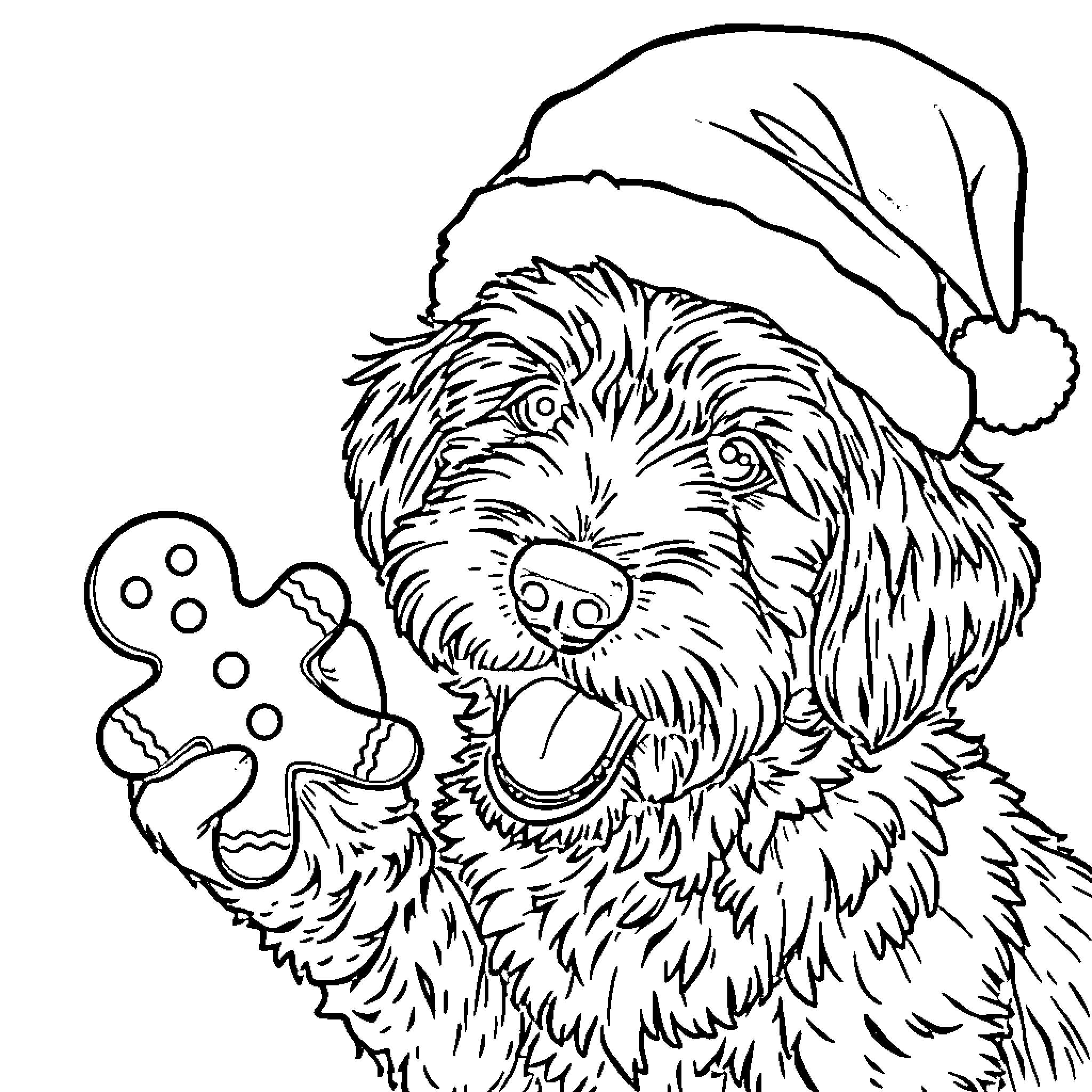 Labradoodle enjoying a Christmas cookie Coloring Page (free black-and-white line drawing printable PDF for all, from beginners to advanced learners, including children, teens, adults, and seniors)