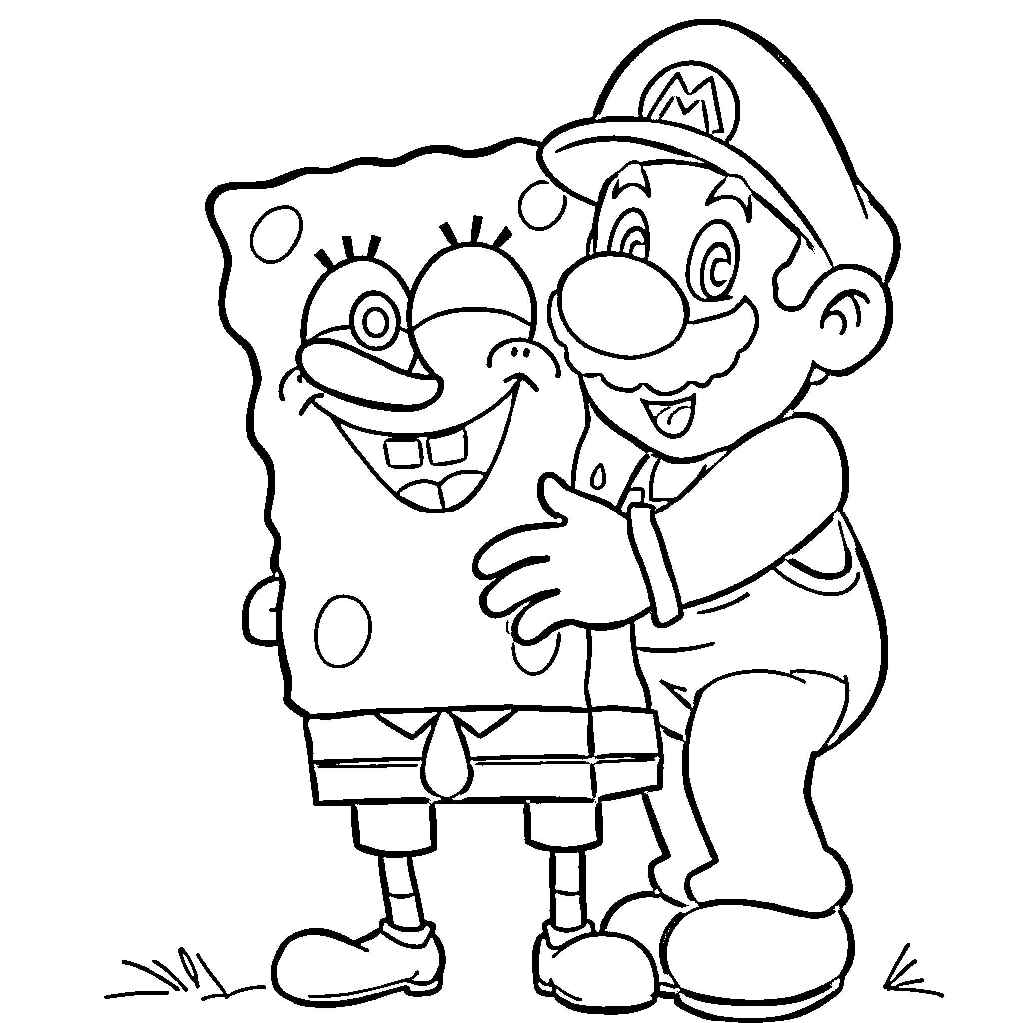 Spongebob and Mario having fun together Coloring Page (free black-and-white line drawing printable PDF for all, from beginners to advanced learners, including children, teens, adults, and seniors)