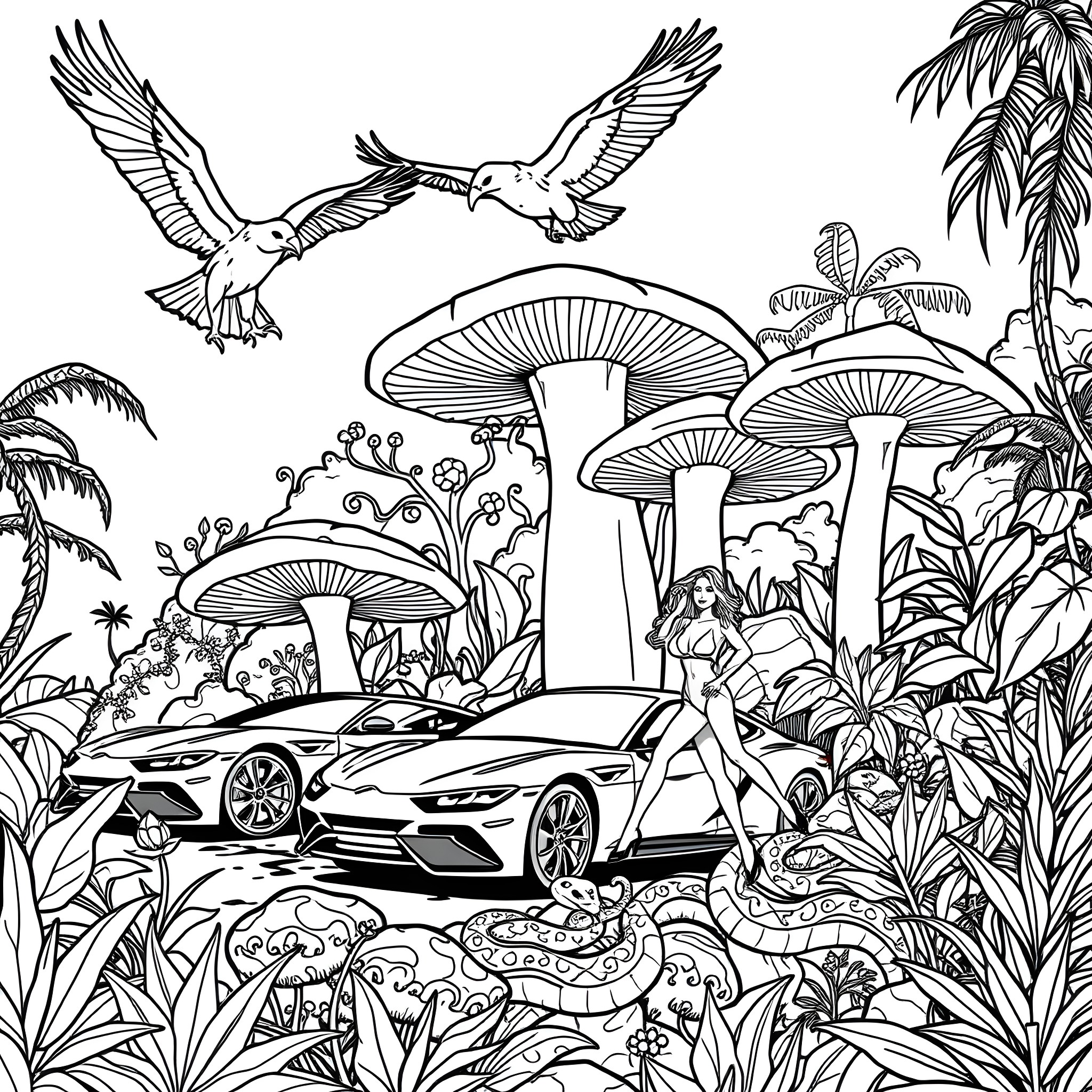 Cars in Fantastical Tropical Landscape Coloring Page (free black-and-white line drawing printable PDF for all, from beginners to advanced learners, including children, teens, adults, and seniors)