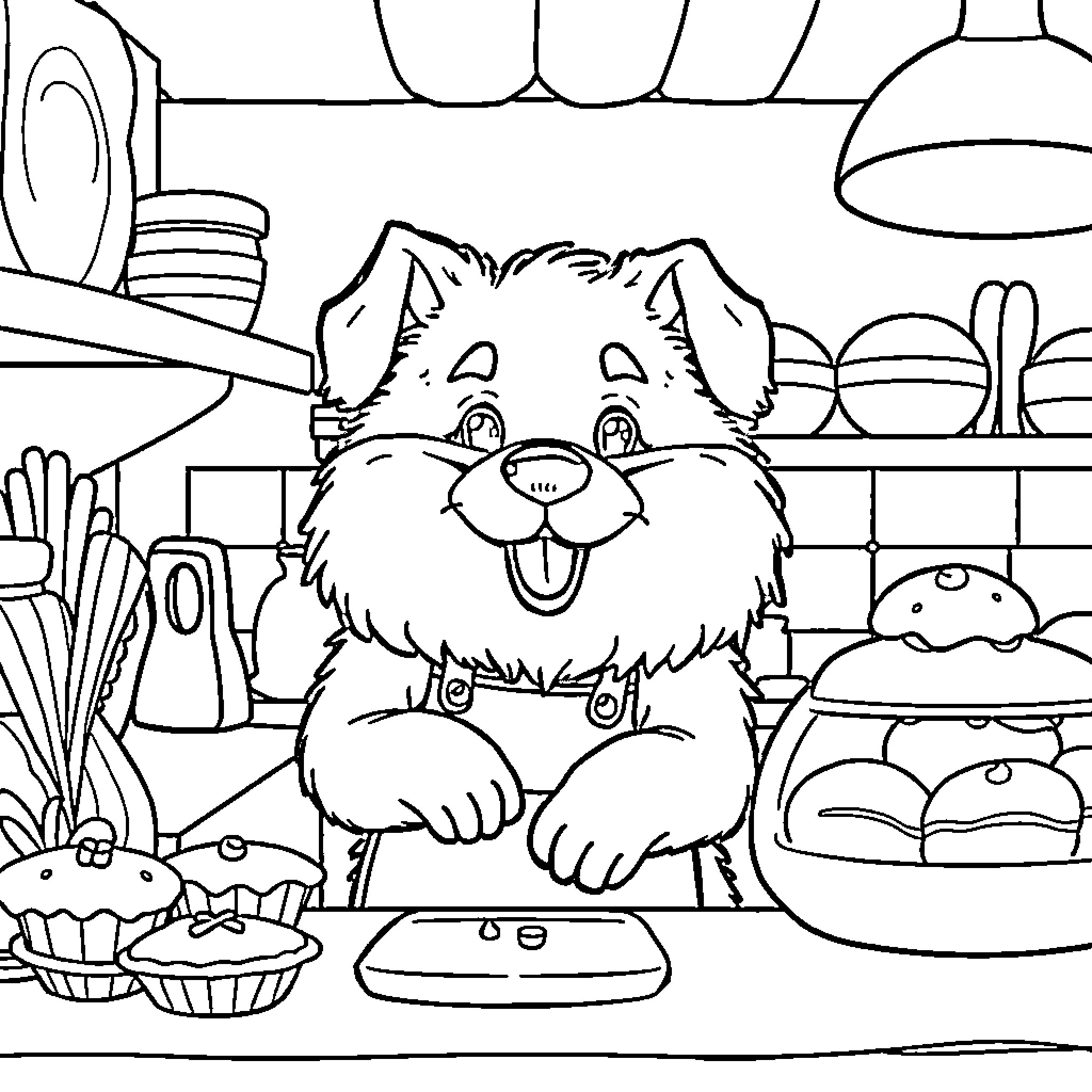 Dog in a Cozy Kitchen Enjoying a Tasty Treat Coloring Page (free black-and-white line drawing printable PDF for all, from beginners to advanced learners, including children, teens, adults, and seniors)