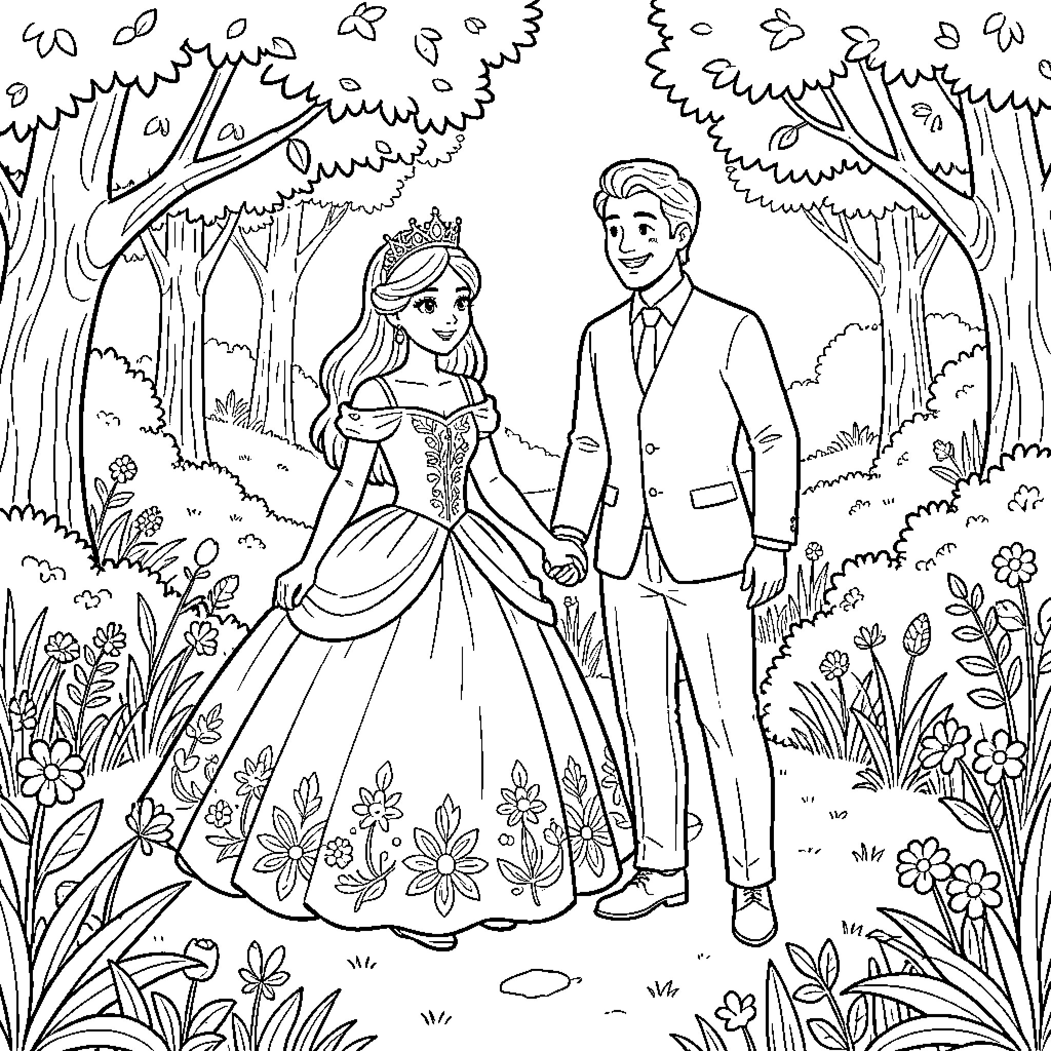 Princess and Prince Strolling in the Garden Coloring Page (free black-and-white line drawing printable PDF for all, from beginners to advanced learners, including children, teens, adults, and seniors)