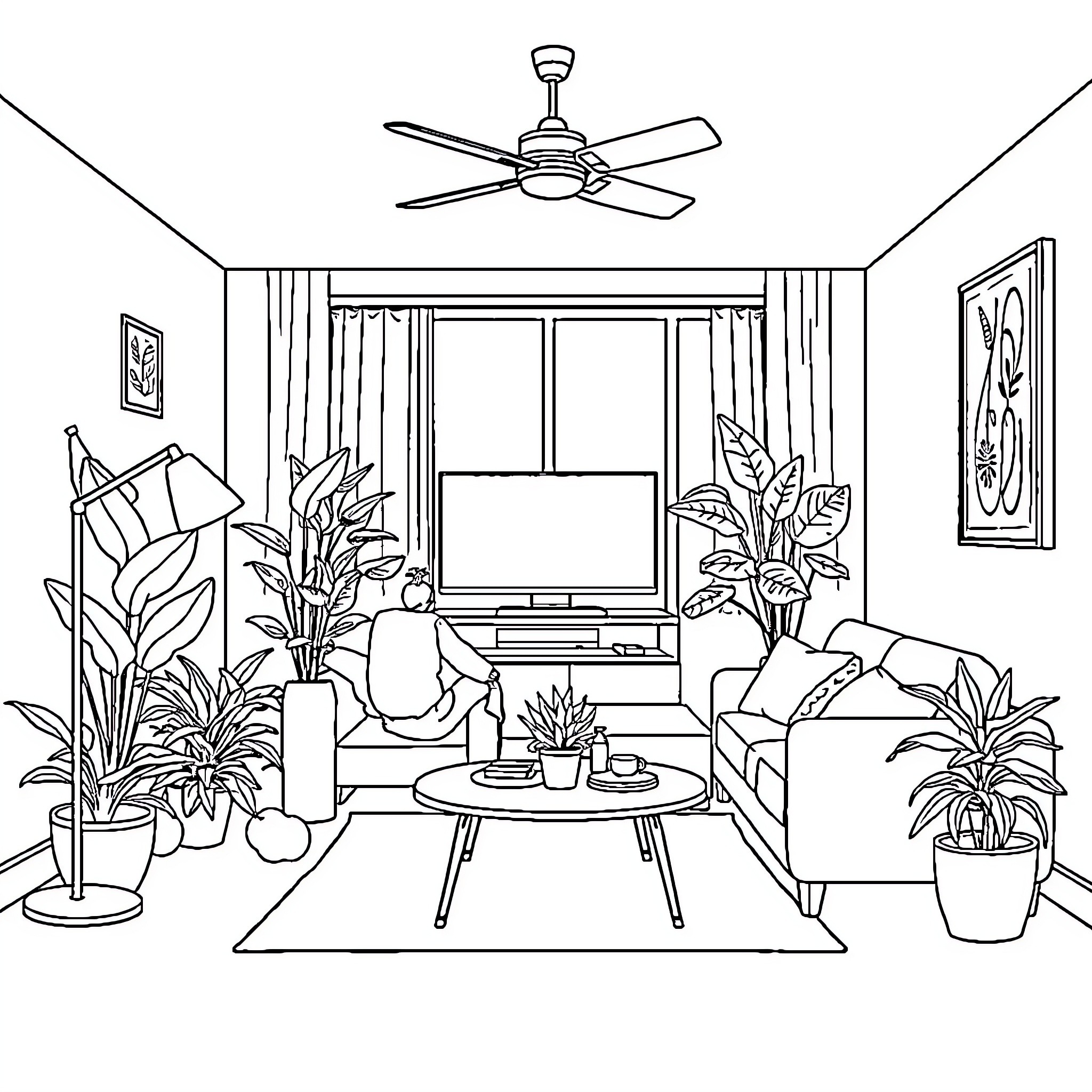Living Room with Cozy Furnishings and Lush Greenery Coloring Page (free black-and-white line drawing printable PDF for all, from beginners to advanced learners, including children, teens, adults, and seniors)