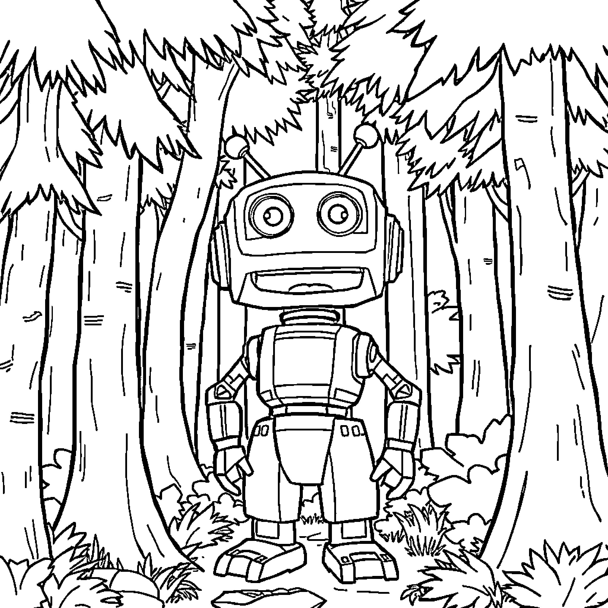 Roz the Robot Exploring the Enchanted Forest Coloring Page (free black-and-white line drawing printable PDF for all, from beginners to advanced learners, including children, teens, adults, and seniors)