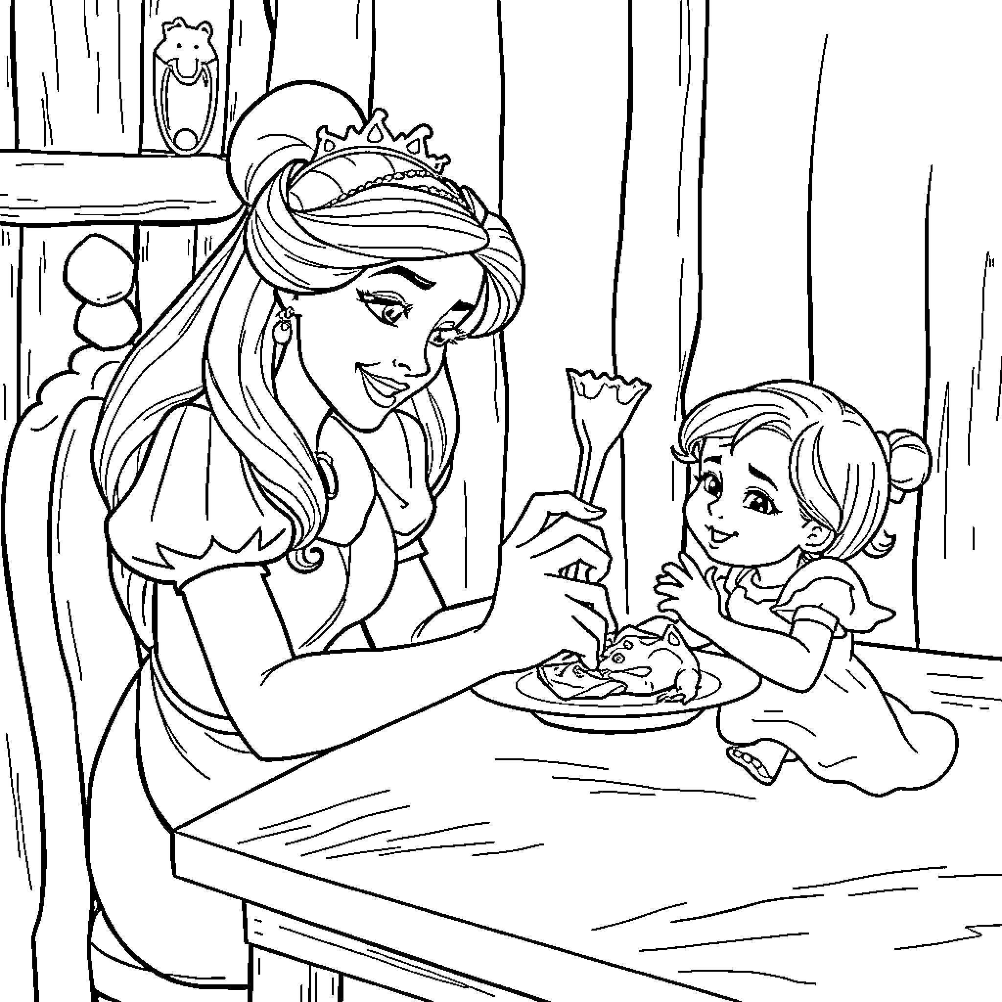 Princess and Child Sharing a Meal Coloring Page (free black-and-white line drawing printable PDF for all, from beginners to advanced learners, including children, teens, adults, and seniors)