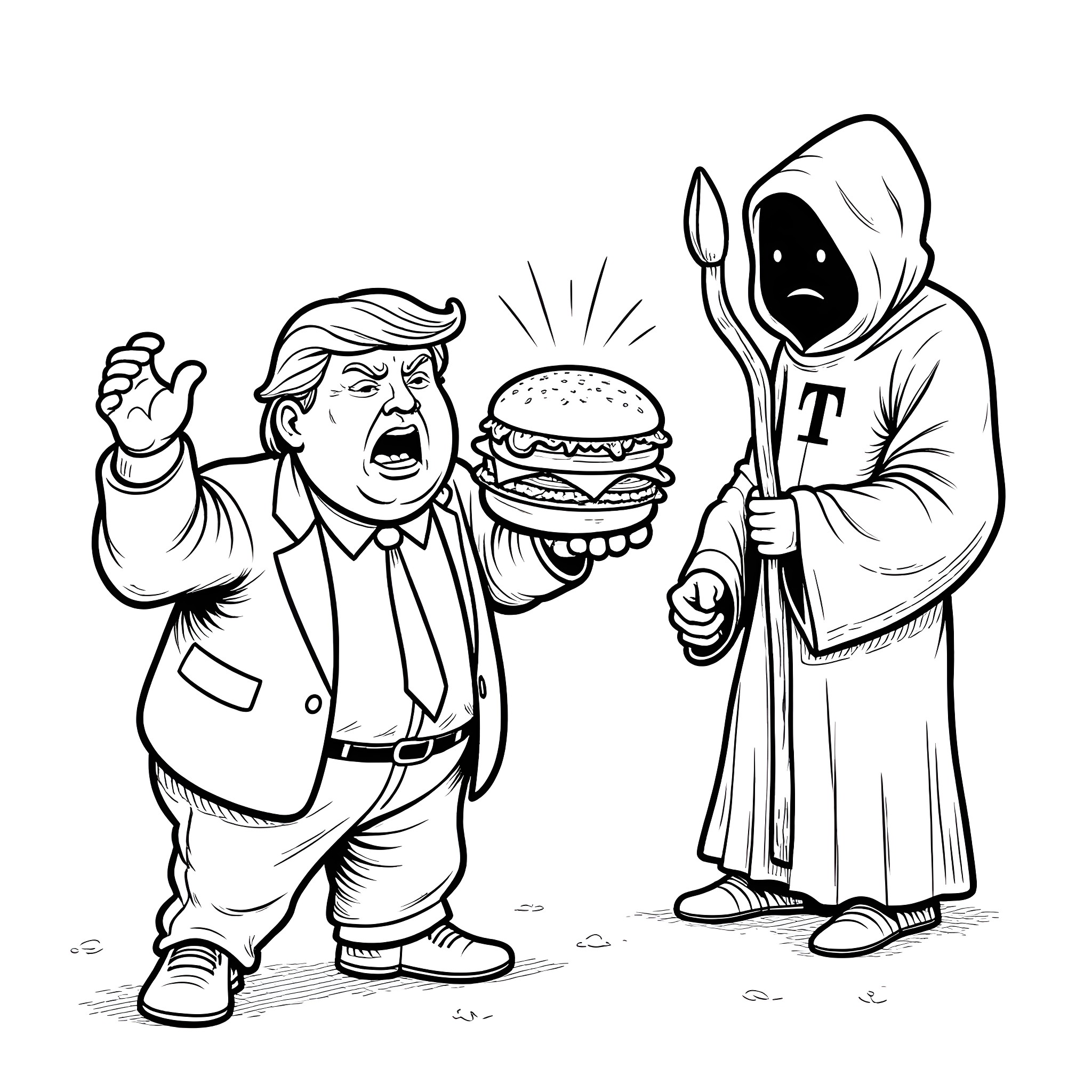 Donald Trump Scares Death with Fast Food Coloring Page (free black-and-white line drawing printable PDF for all, from beginners to advanced learners, including children, teens, adults, and seniors)