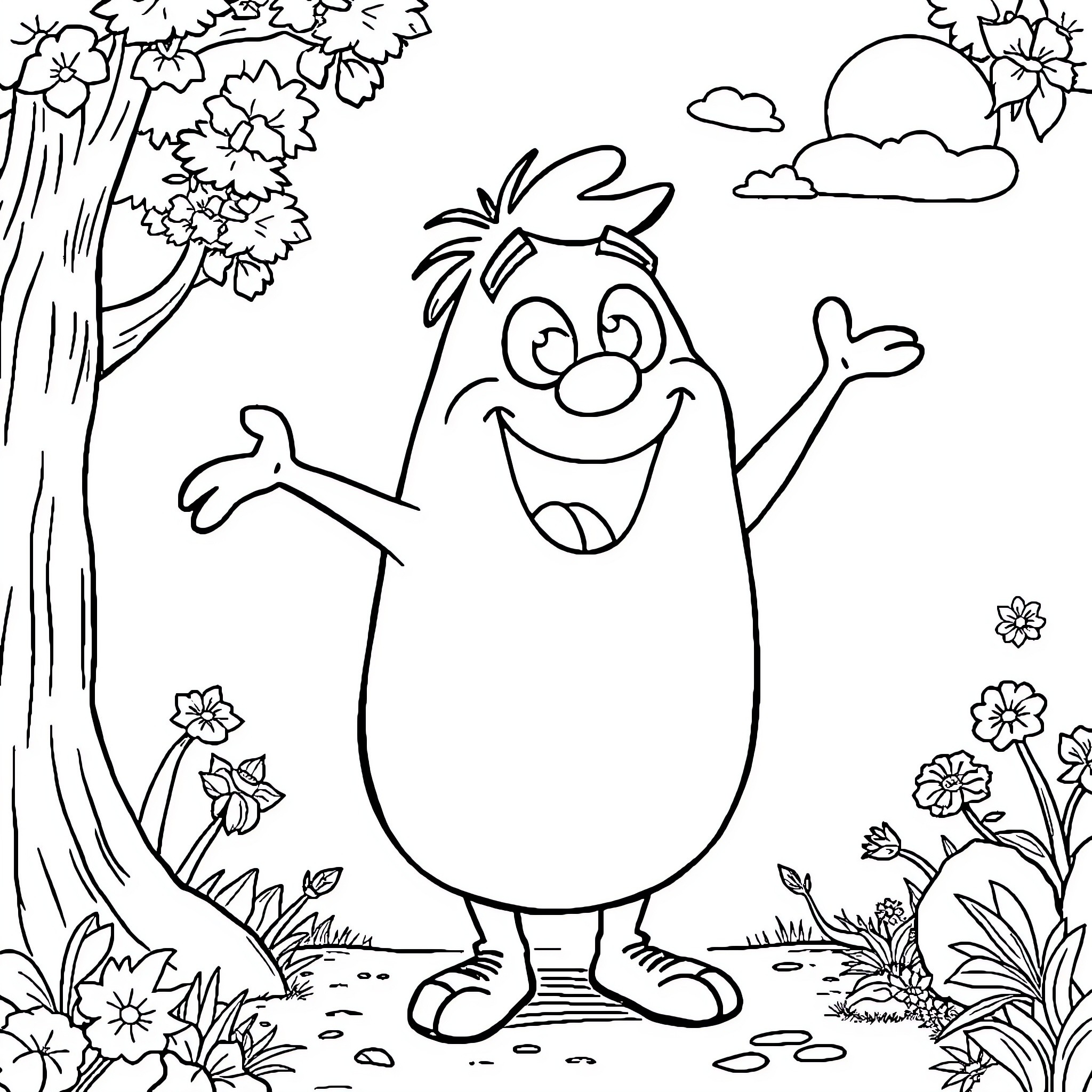 Petete's Delightful Nature Adventure Coloring Page (free black-and-white line drawing printable PDF for all, from beginners to advanced learners, including children, teens, adults, and seniors)