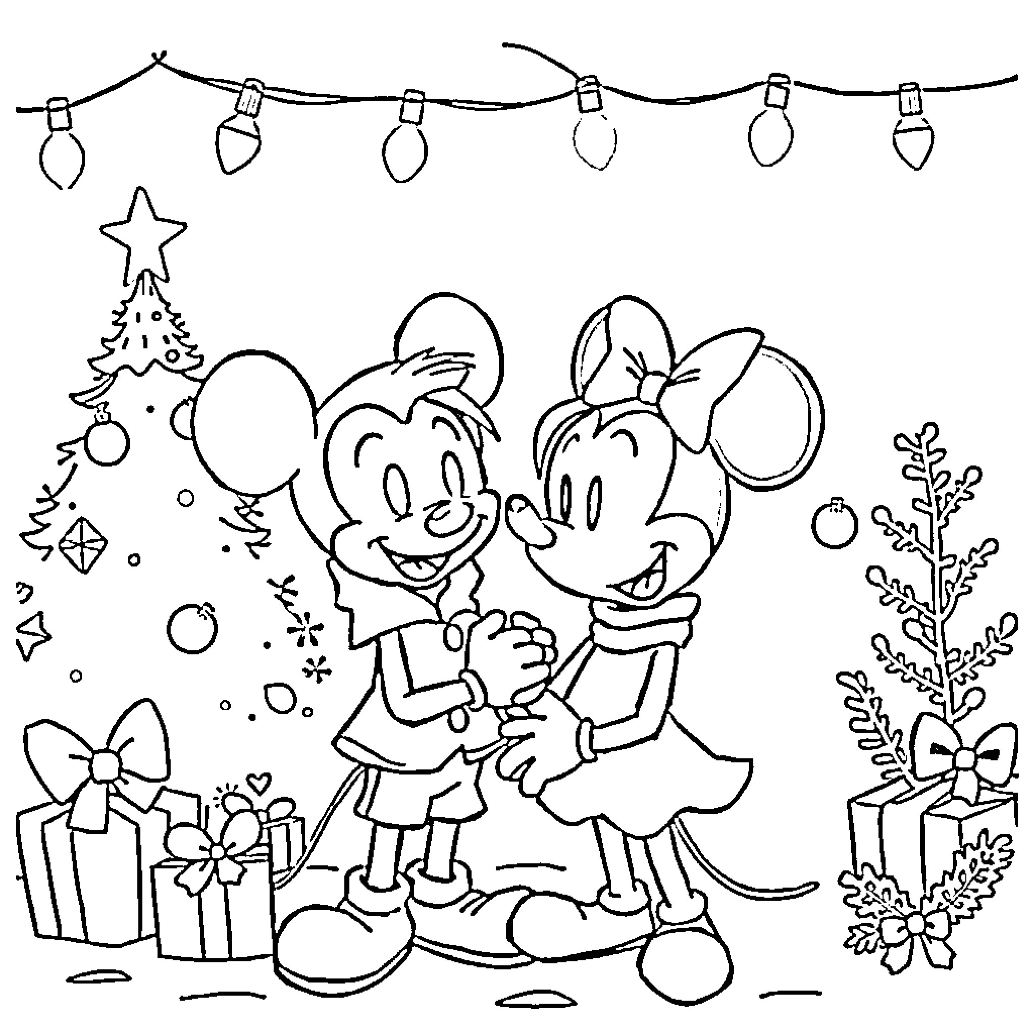 Coraline's Christmas Adventure with Mickey and Minnie Coloring Page (free black-and-white line drawing printable PDF for all, from beginners to advanced learners, including children, teens, adults, and seniors)