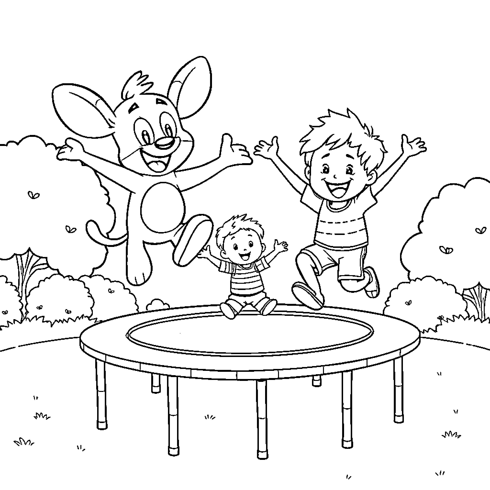 Bluey and friends playing on a trampoline Coloring Page (free black-and-white line drawing printable PDF for all, from beginners to advanced learners, including children, teens, adults, and seniors)