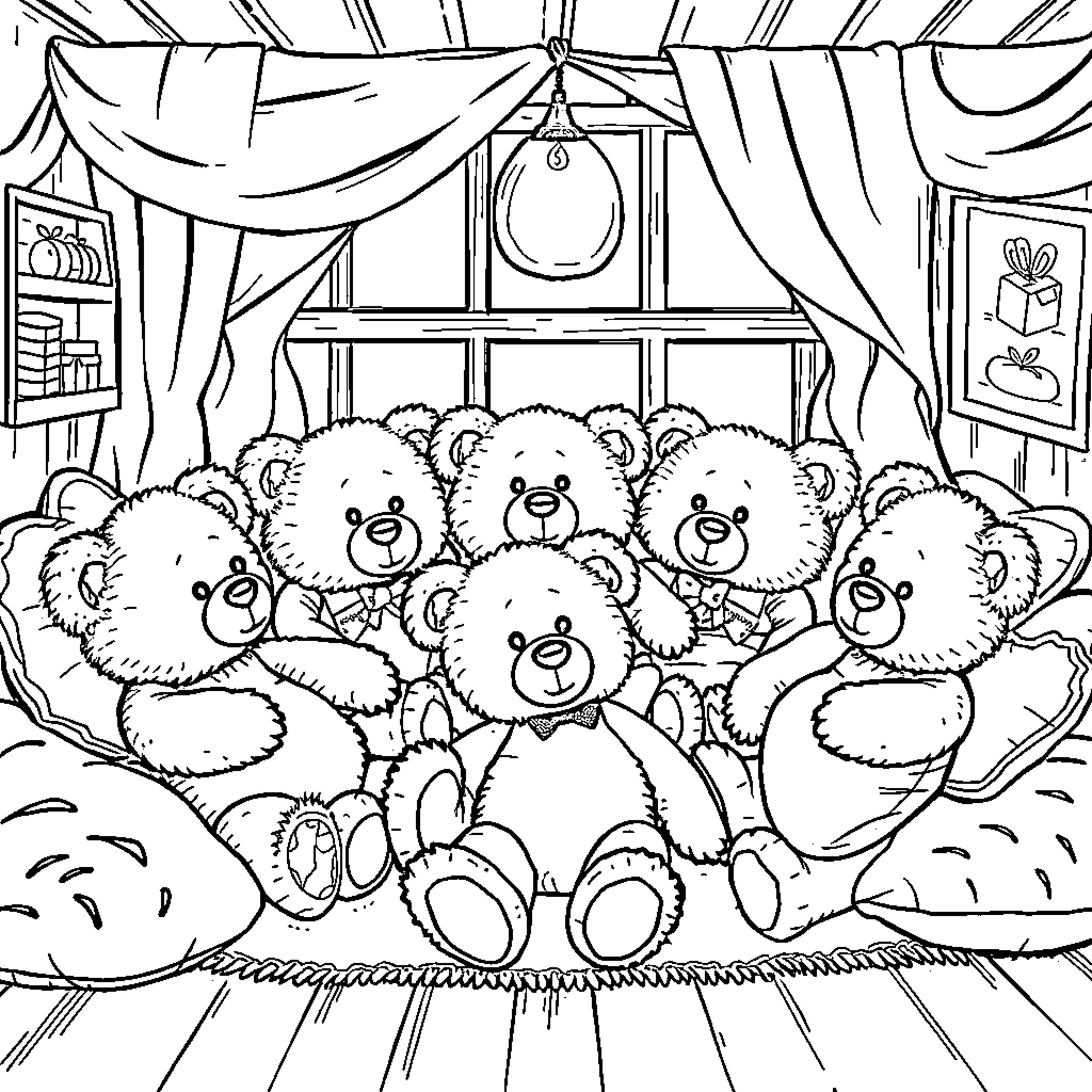 Teddy Bears Gathered in Cozy Interior Coloring Page (free black-and-white line drawing printable PDF for all, from beginners to advanced learners, including children, teens, adults, and seniors)