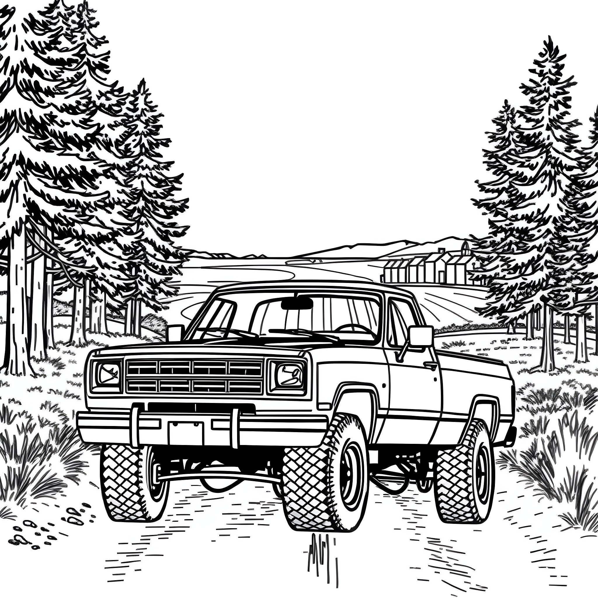 Dodge Ram Truck on a Rugged Outdoor Adventure Coloring Page (free black-and-white line drawing printable PDF for all, from beginners to advanced learners, including children, teens, adults, and seniors)