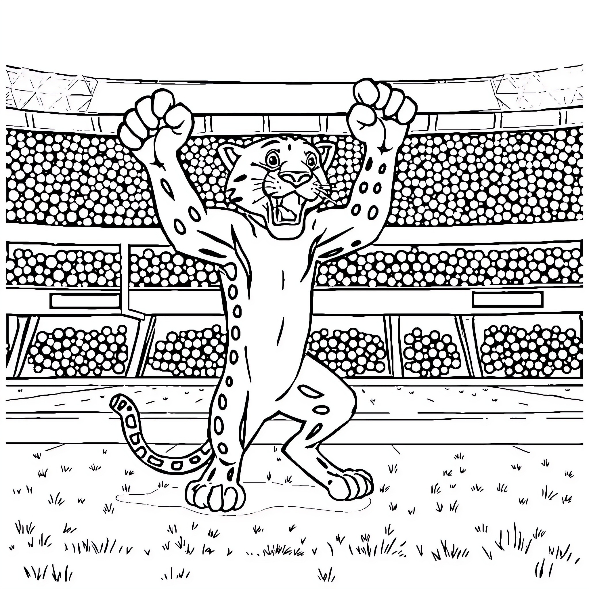 Panther in action at the stadium Coloring Page (free black-and-white line drawing printable PDF for all, from beginners to advanced learners, including children, teens, adults, and seniors)
