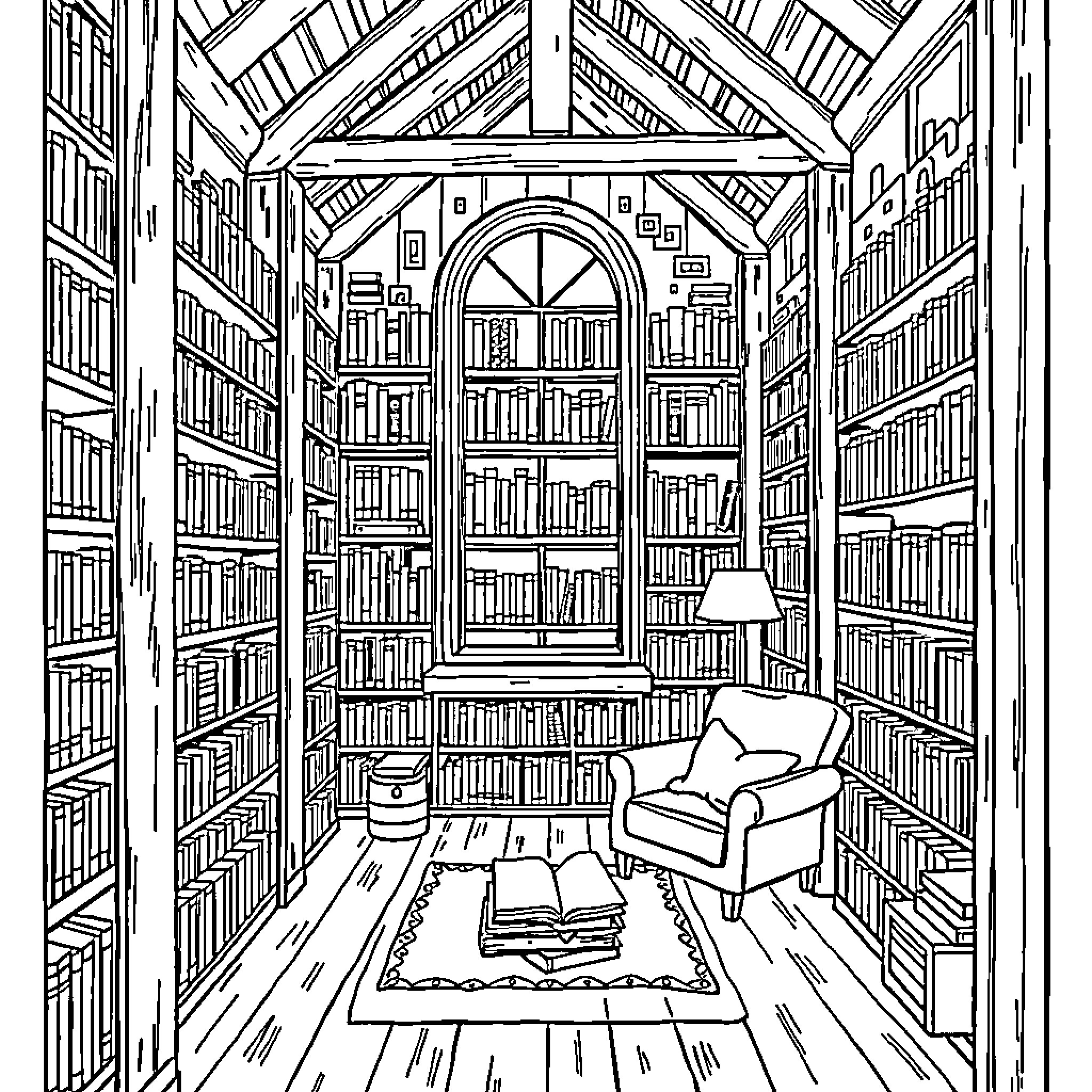 Library of Cozy Solitude and Literary Exploration Coloring Page (free black-and-white line drawing printable PDF for all, from beginners to advanced learners, including children, teens, adults, and seniors)