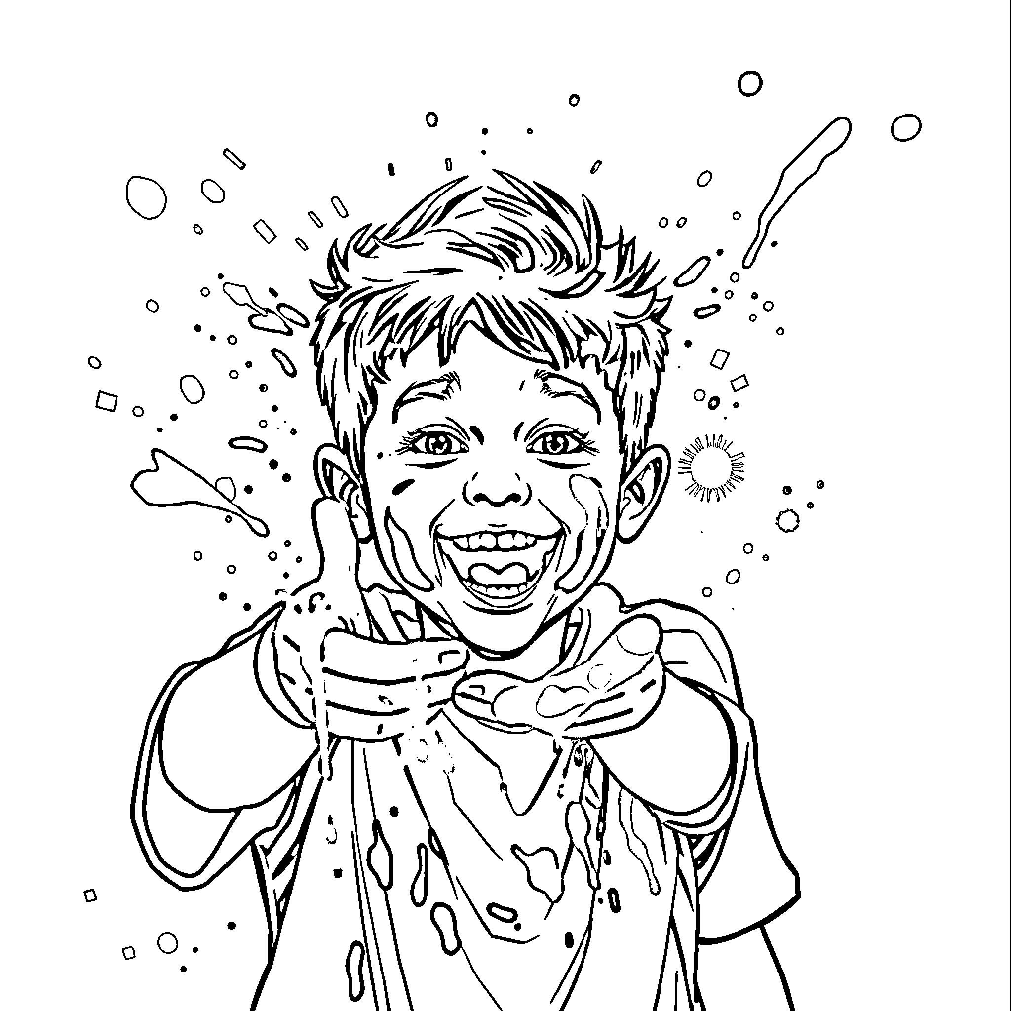 Boy having fun with bubbles Coloring Page (free black-and-white line drawing printable PDF for all, from beginners to advanced learners, including children, teens, adults, and seniors)