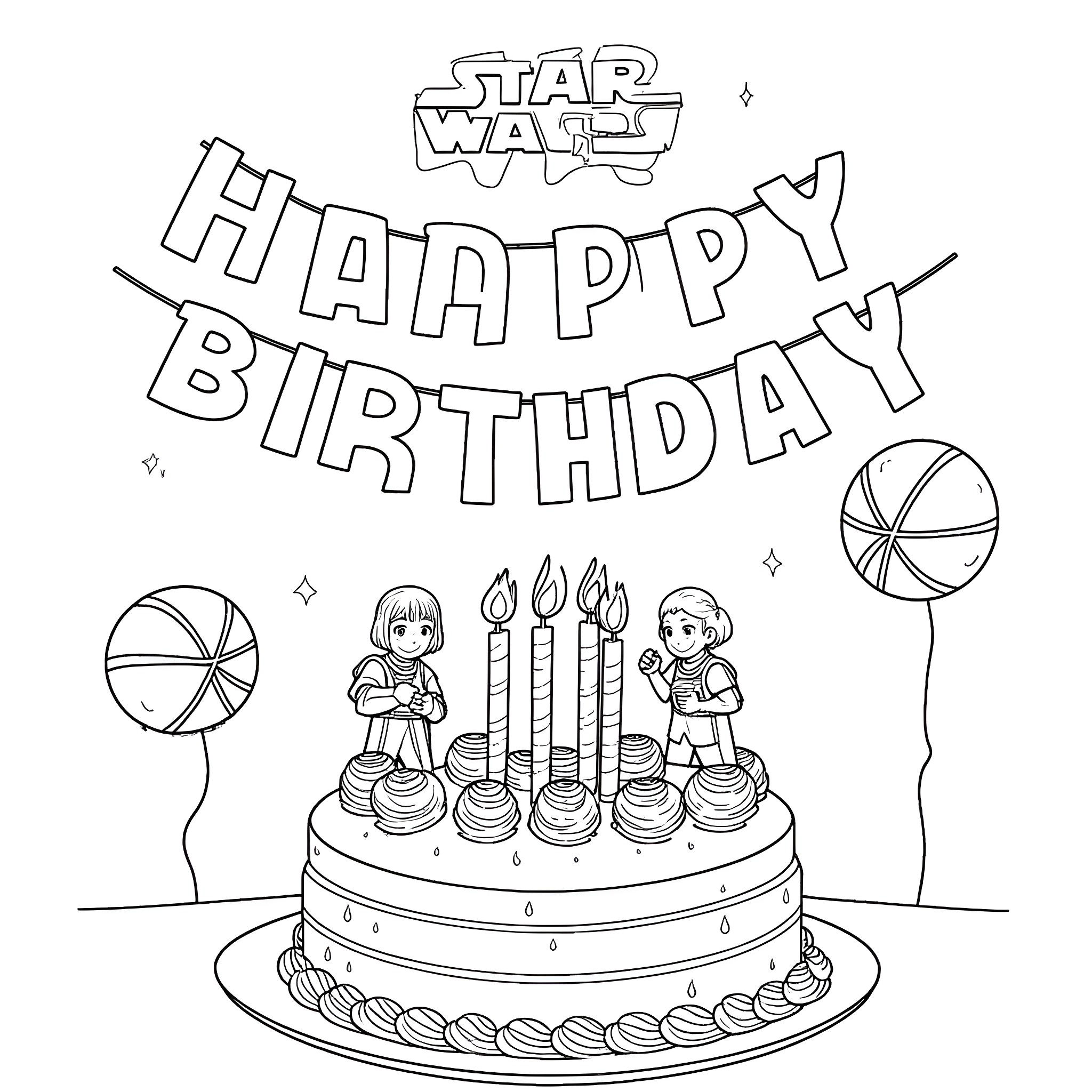 Friend's Star Wars themed birthday celebration with cake and balloons Coloring Page (free black-and-white line drawing printable PDF for all, from beginners to advanced learners, including children, teens, adults, and seniors)
