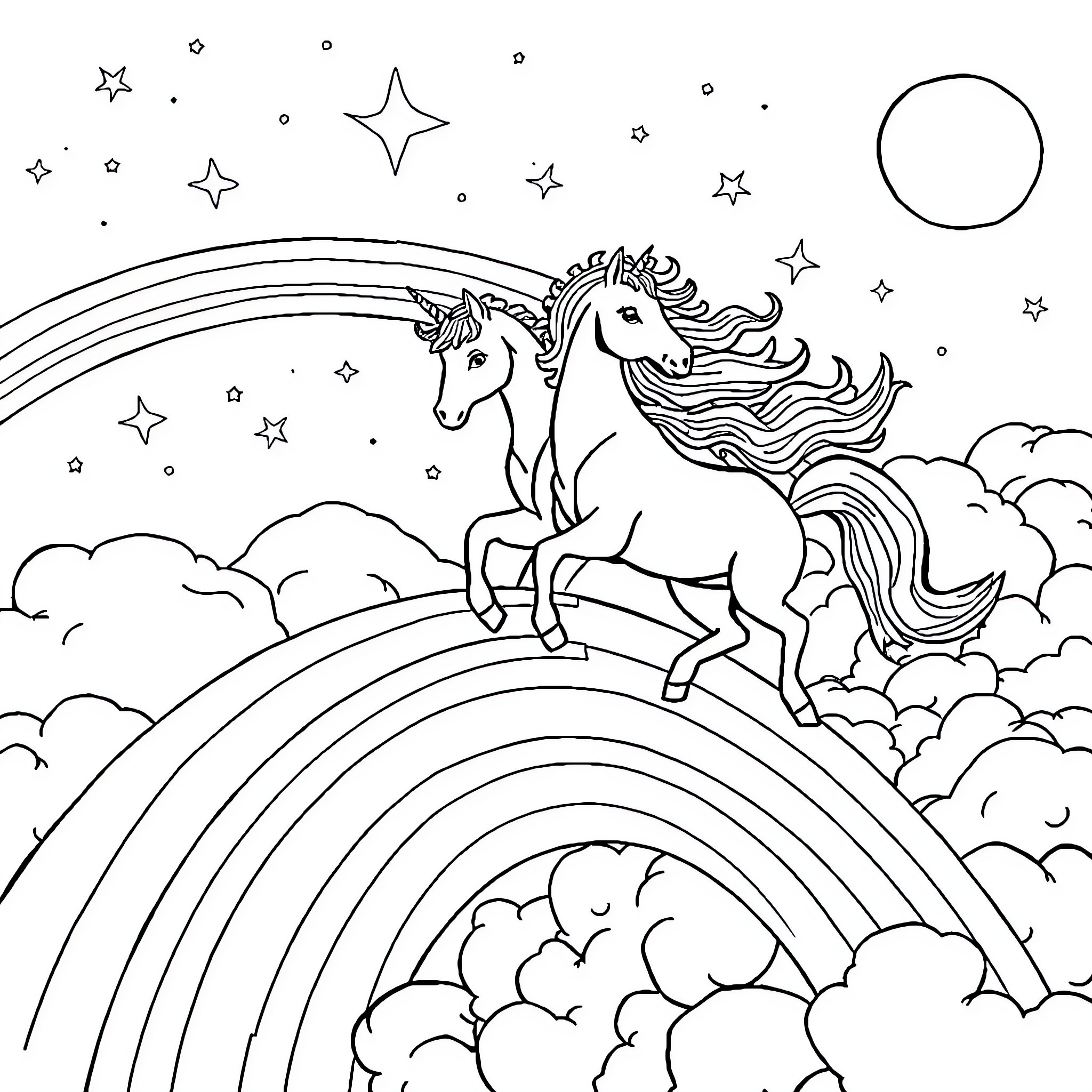 Unicorns galloping through a magical rainbow-filled night sky Coloring Page (free black-and-white line drawing printable PDF for all, from beginners to advanced learners, including children, teens, adults, and seniors)
