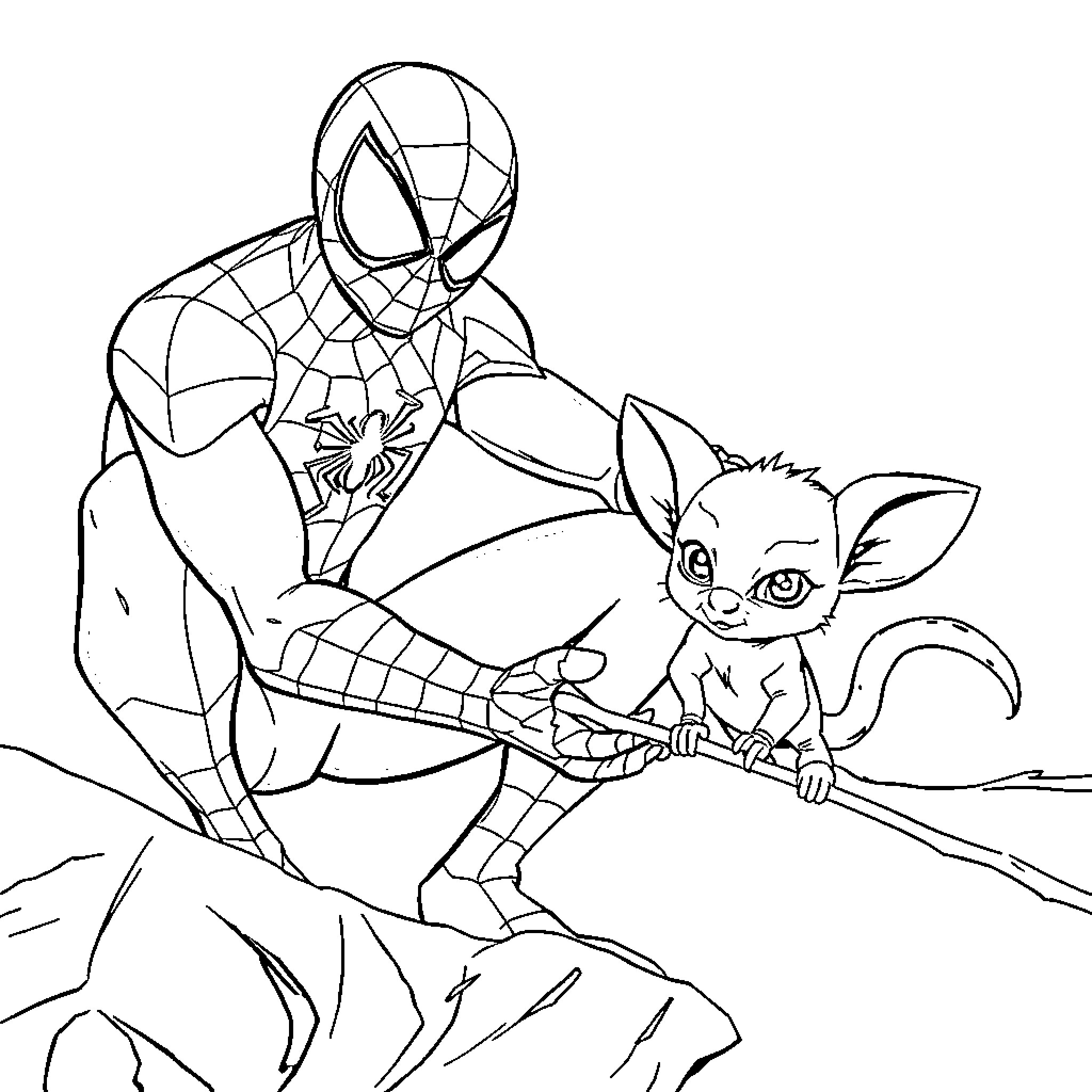 Spiderman befriends a curious squirrel Coloring Page (free black-and-white line drawing printable PDF for all, from beginners to advanced learners, including children, teens, adults, and seniors)
