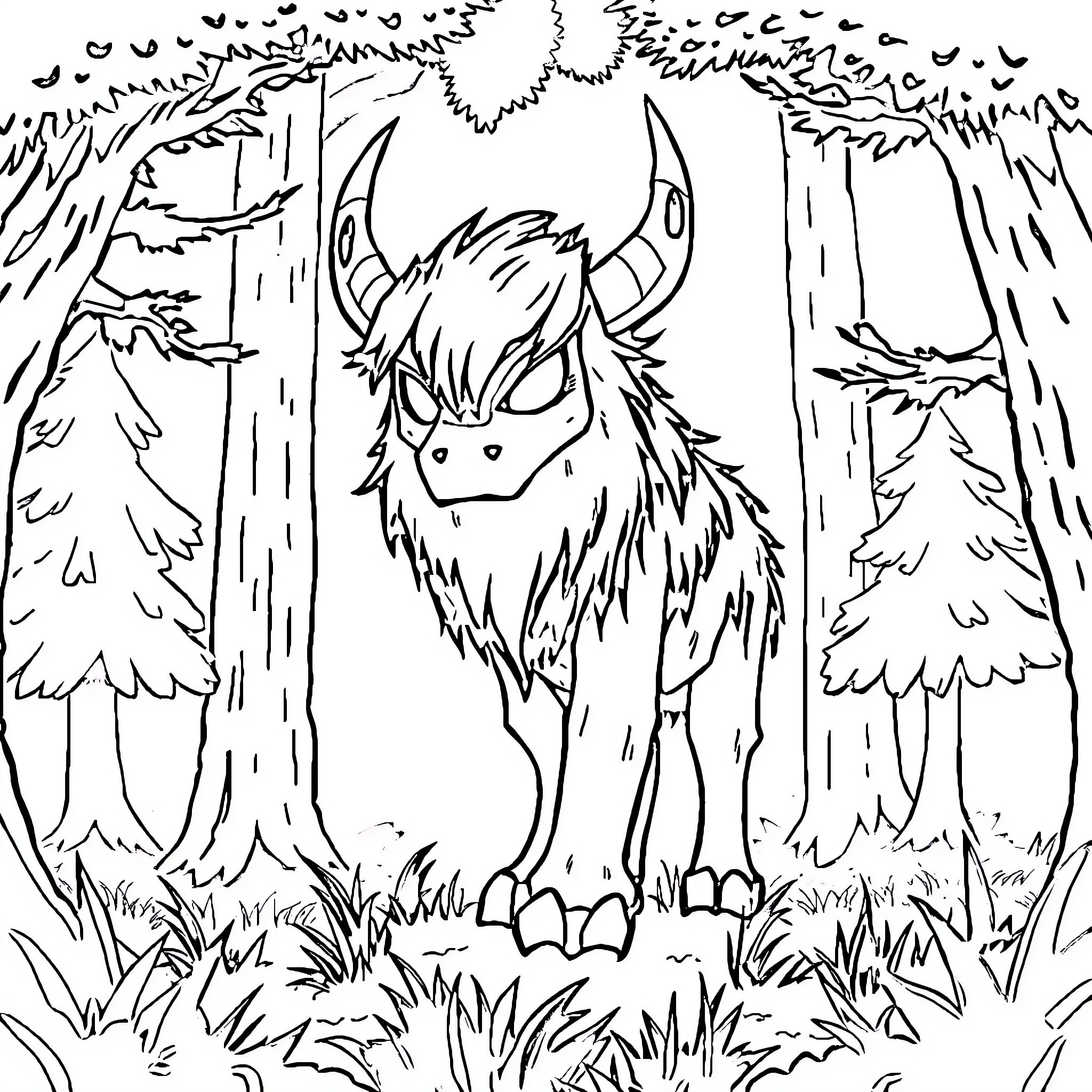 Herobrine's Mysterious Forest Encounter Coloring Page (free black-and-white line drawing printable PDF for all, from beginners to advanced learners, including children, teens, adults, and seniors)
