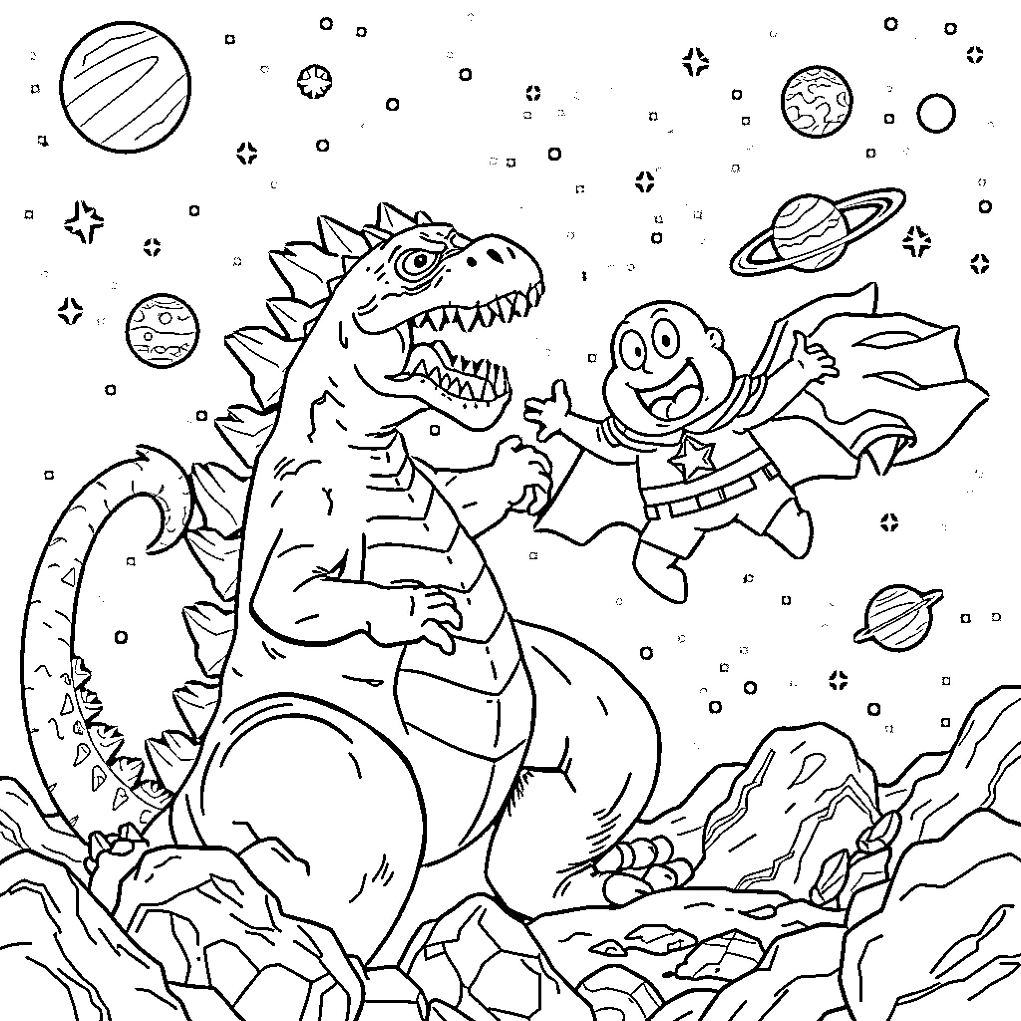 Godzilla Battles Alien Creature in Outer Space Coloring Page (free black-and-white line drawing printable PDF for all, from beginners to advanced learners, including children, teens, adults, and seniors)