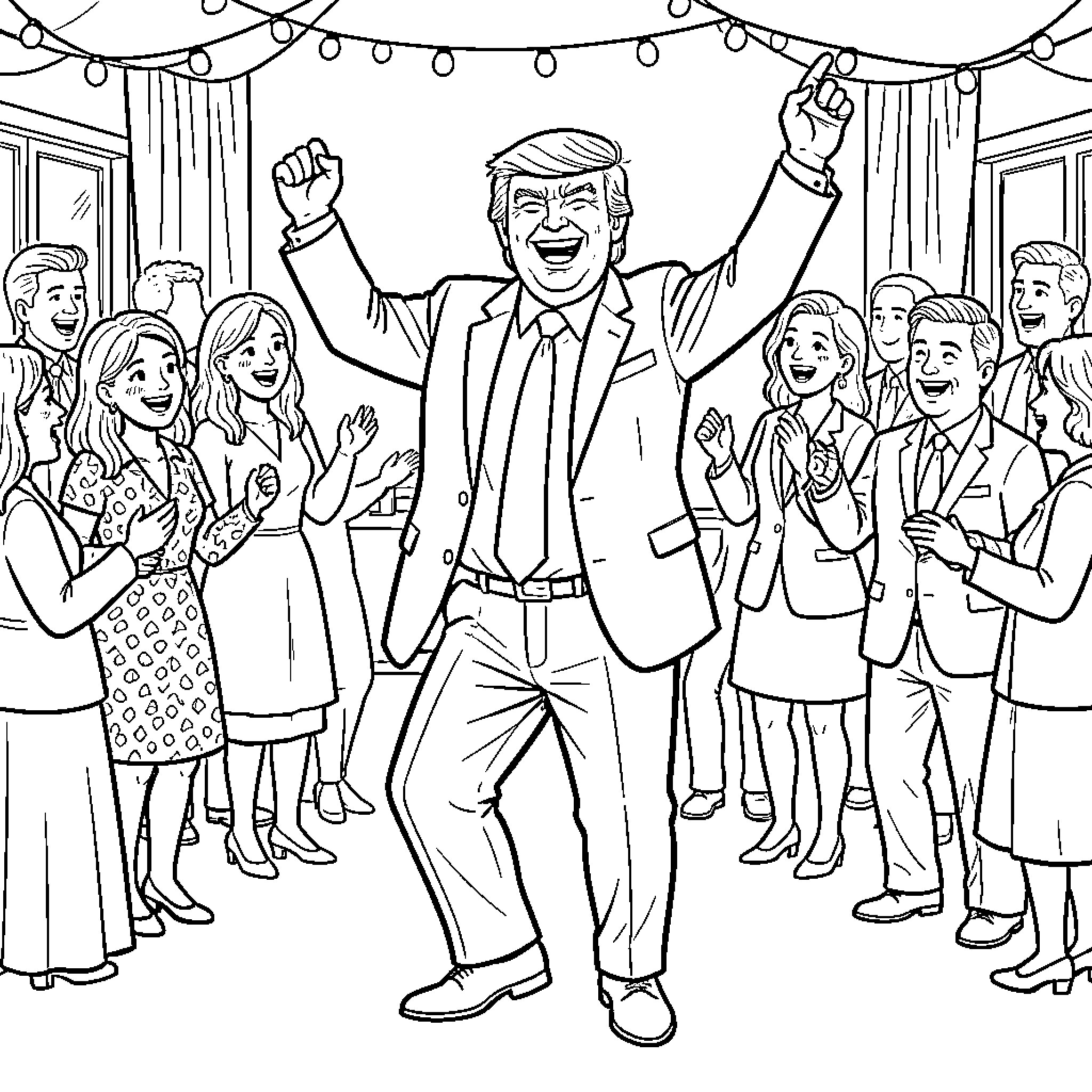 Trump celebrating joyfully with a cheering crowd Coloring Page (free black-and-white line drawing printable PDF for all, from beginners to advanced learners, including children, teens, adults, and seniors)