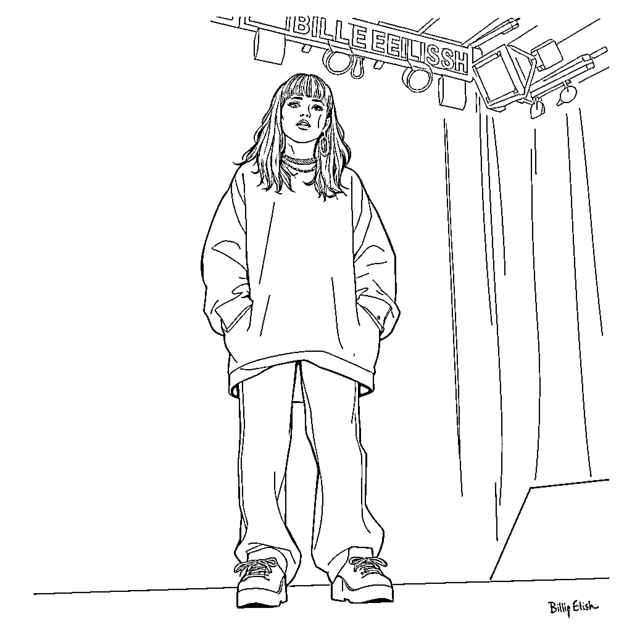 Billie Eilish standing in front of large signage Coloring Page (free black-and-white line drawing printable PDF for all, from beginners to advanced learners, including children, teens, adults, and seniors)