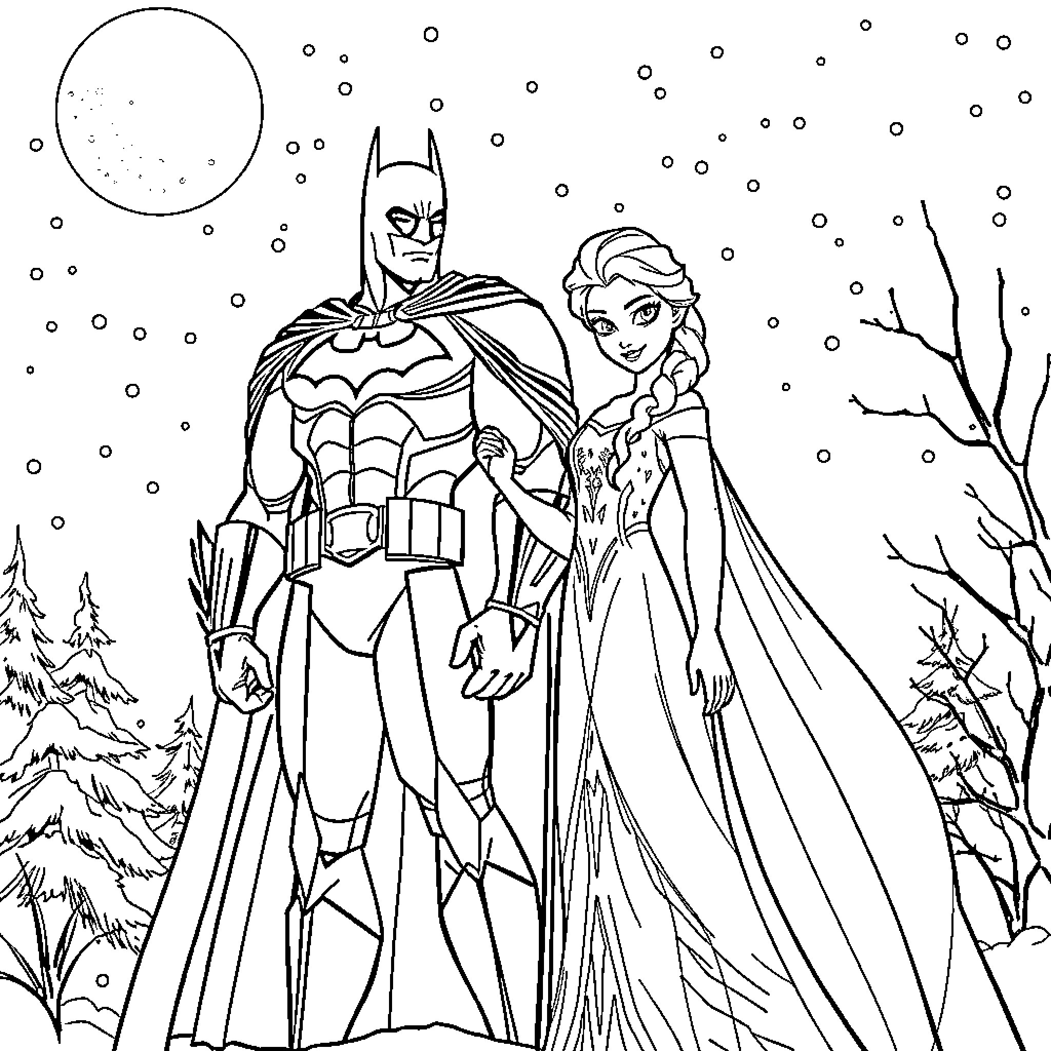 Elsa and Batman in a Snowy Winter Scene Coloring Page (free black-and-white line drawing printable PDF for all, from beginners to advanced learners, including children, teens, adults, and seniors)