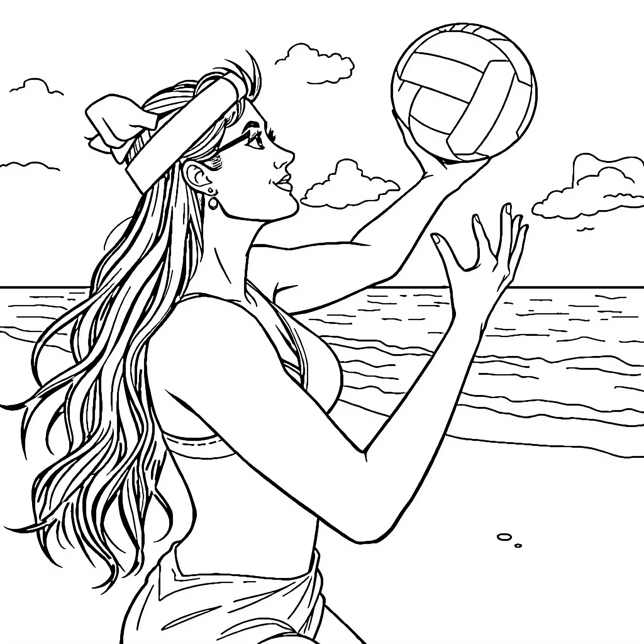 Ms Rachel playing volleyball on the beach Coloring Page (free black-and-white line drawing printable PDF for all, from beginners to advanced learners, including children, teens, adults, and seniors)