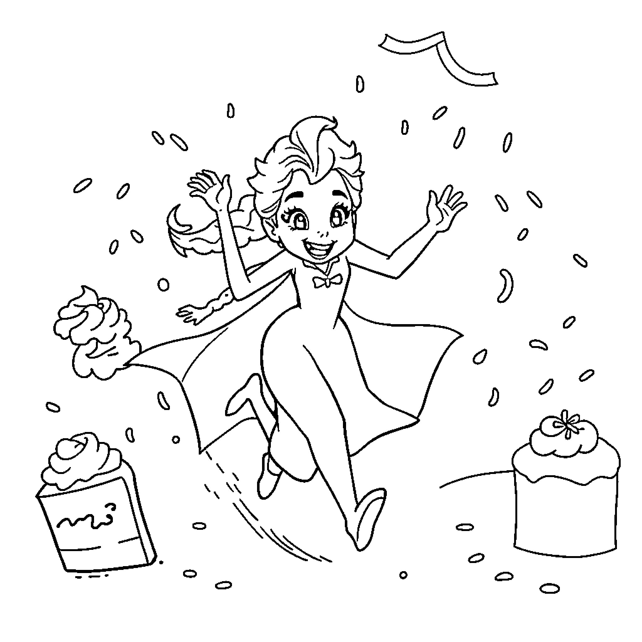Elsa's Joyful Winter Celebration Coloring Page (free black-and-white line drawing printable PDF for all, from beginners to advanced learners, including children, teens, adults, and seniors)