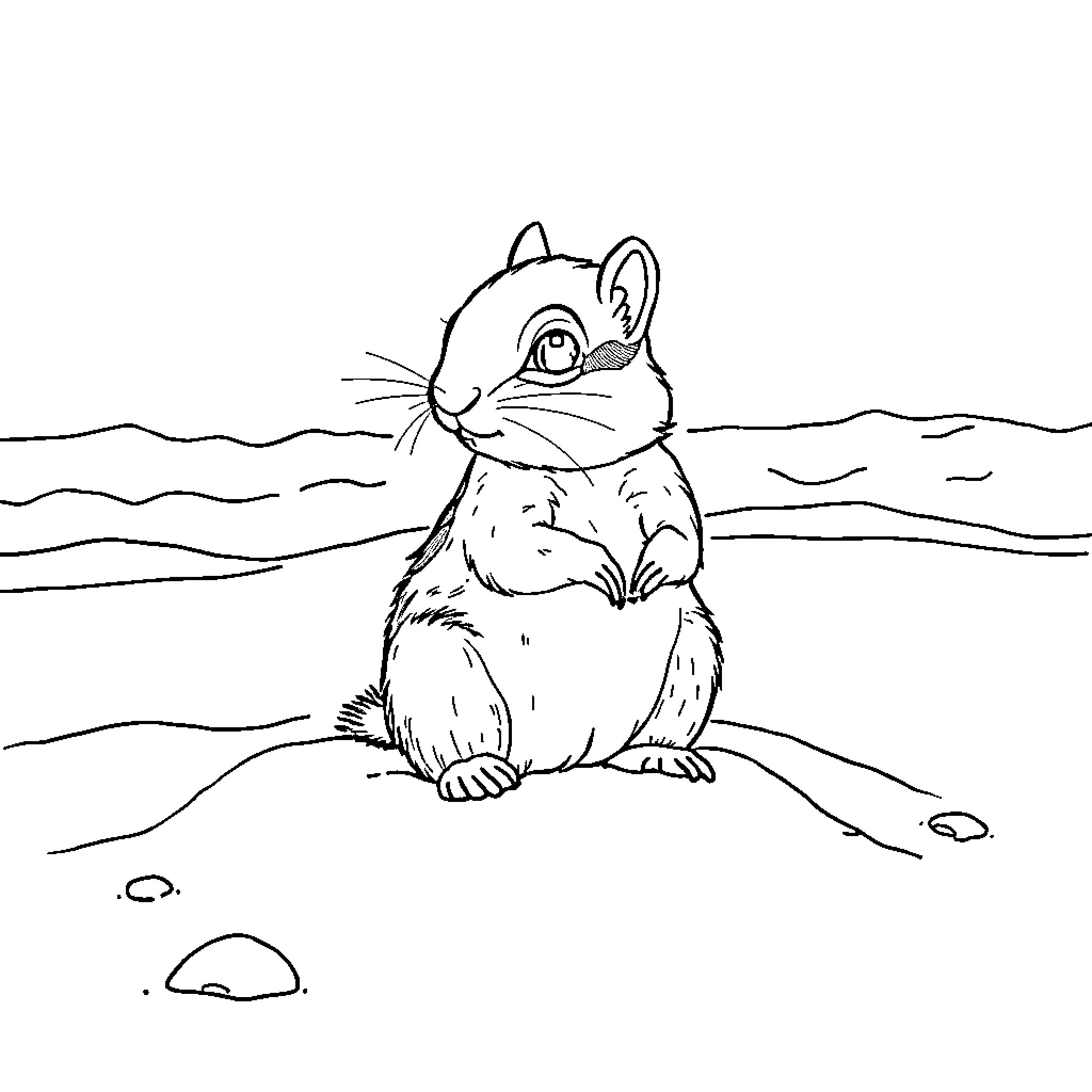 Squirrel sitting curiously in nature Coloring Page (free black-and-white line drawing printable PDF for all, from beginners to advanced learners, including children, teens, adults, and seniors)