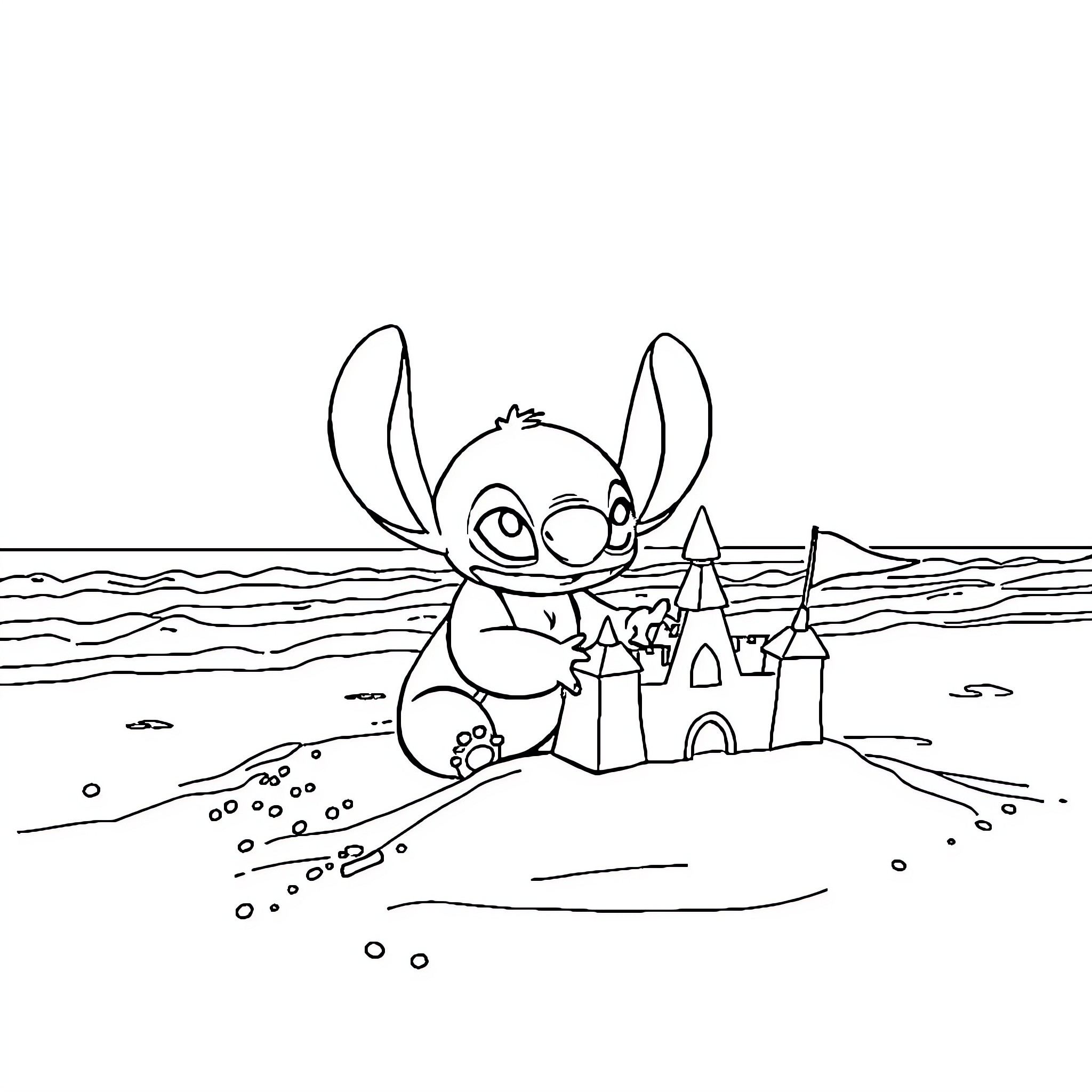 Stitch building a sandcastle on the beach Coloring Page (free black-and-white line drawing printable PDF for all, from beginners to advanced learners, including children, teens, adults, and seniors)