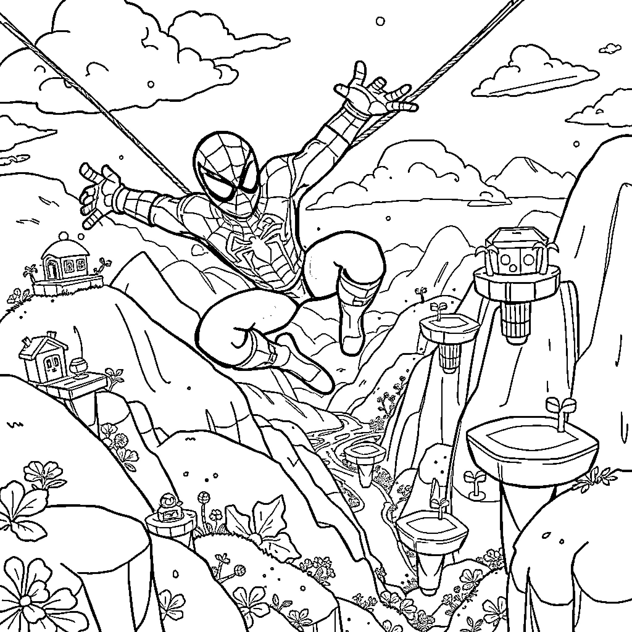 Spiderman swinging through the cityscape with action Coloring Page (free black-and-white line drawing printable PDF for all, from beginners to advanced learners, including children, teens, adults, and seniors)