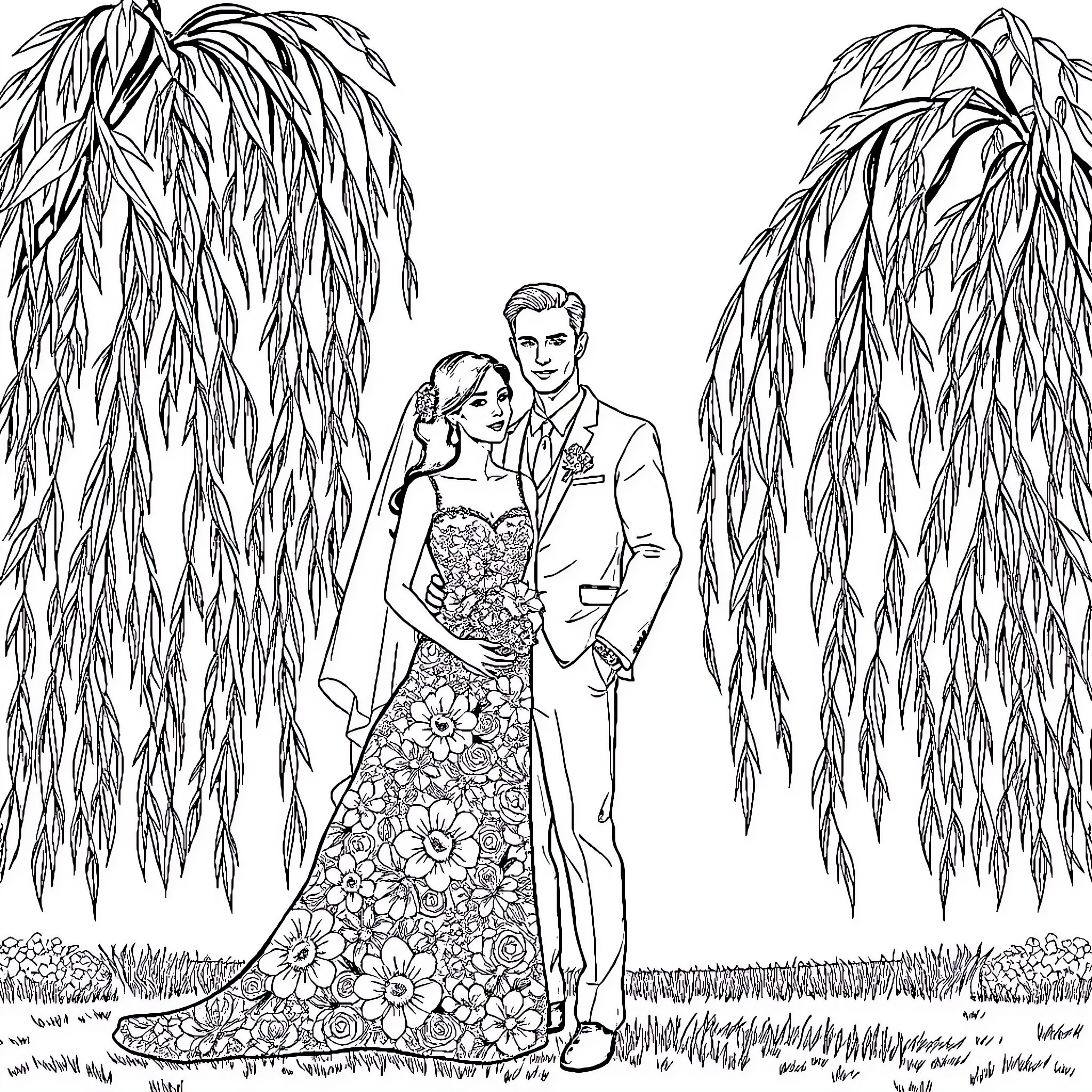 Bride and Groom Embracing Under Willow Trees Coloring Page (free black-and-white line drawing printable PDF for all, from beginners to advanced learners, including children, teens, adults, and seniors)