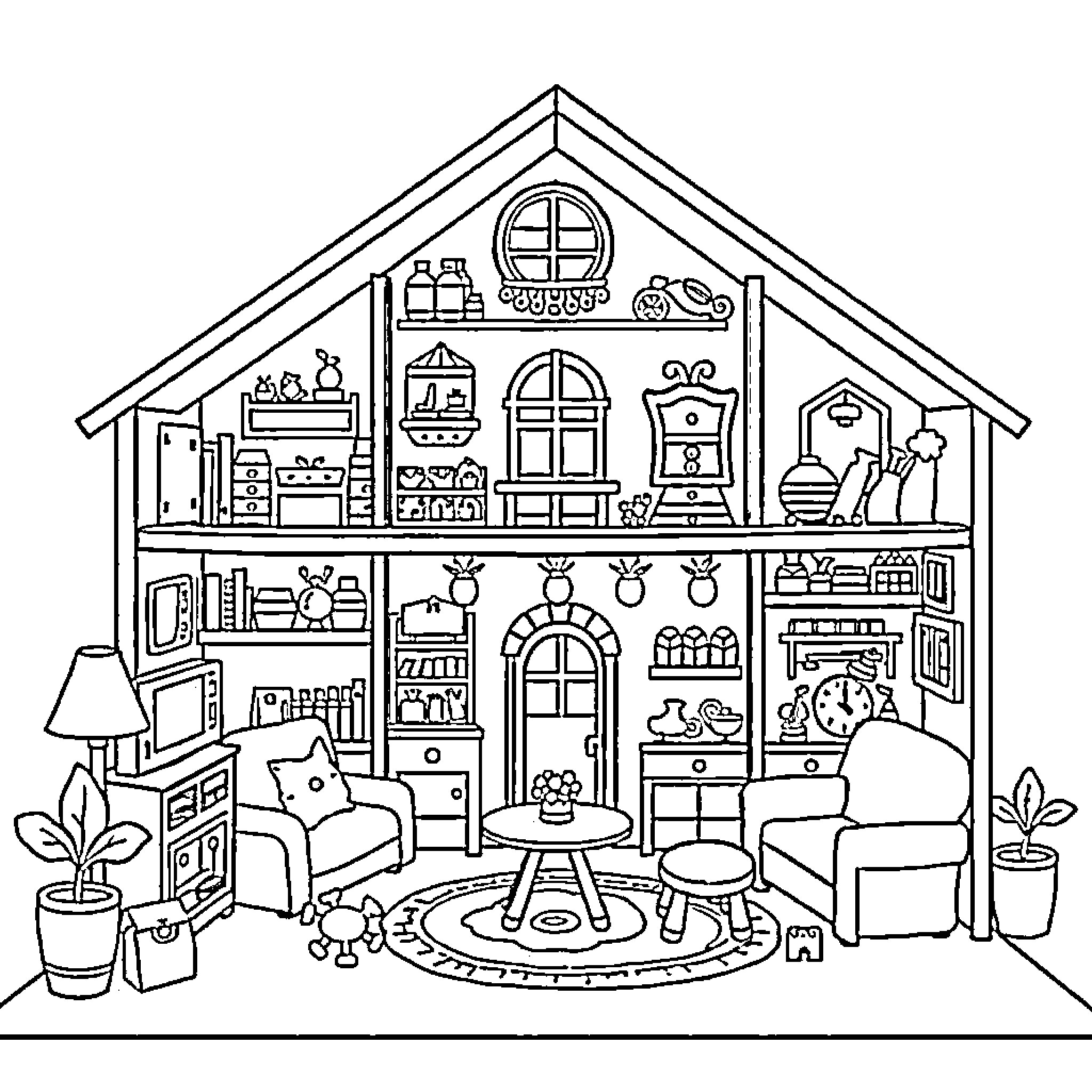 Dollhouse with Detailed Furnishings and Decor Coloring Page (free black-and-white line drawing printable PDF for all, from beginners to advanced learners, including children, teens, adults, and seniors)