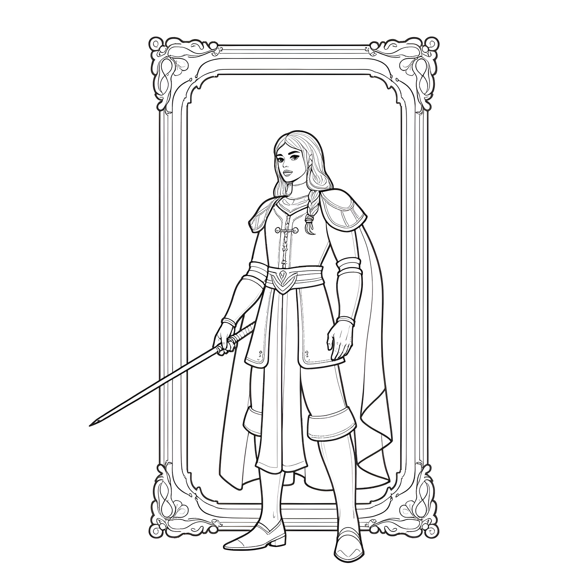 Noble Warrior in Ornate Frame Coloring Page (free black-and-white line drawing printable PDF for all, from beginners to advanced learners, including children, teens, adults, and seniors)