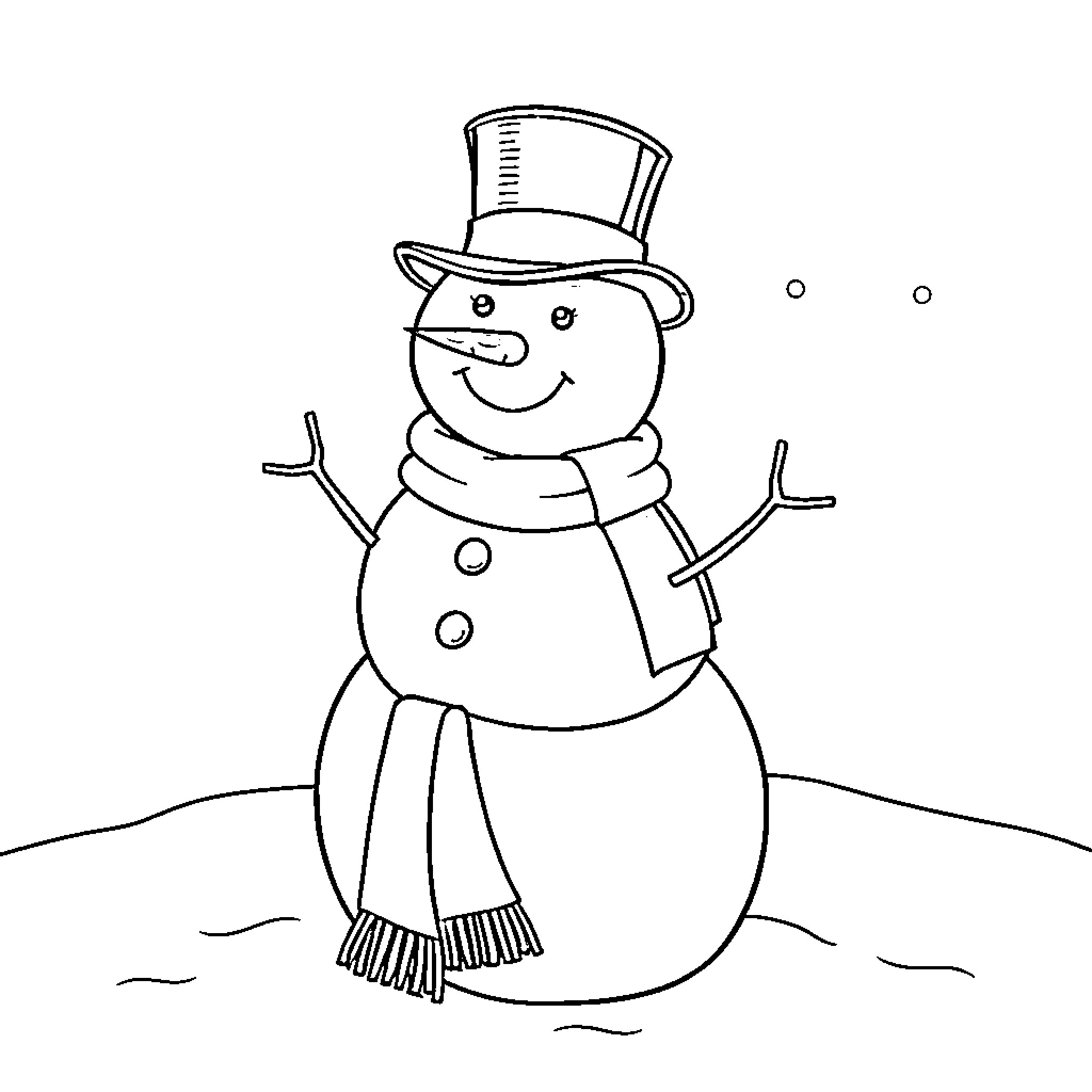 Snowman smiling and wearing winter attire Coloring Page (free black-and-white line drawing printable PDF for all, from beginners to advanced learners, including children, teens, adults, and seniors)