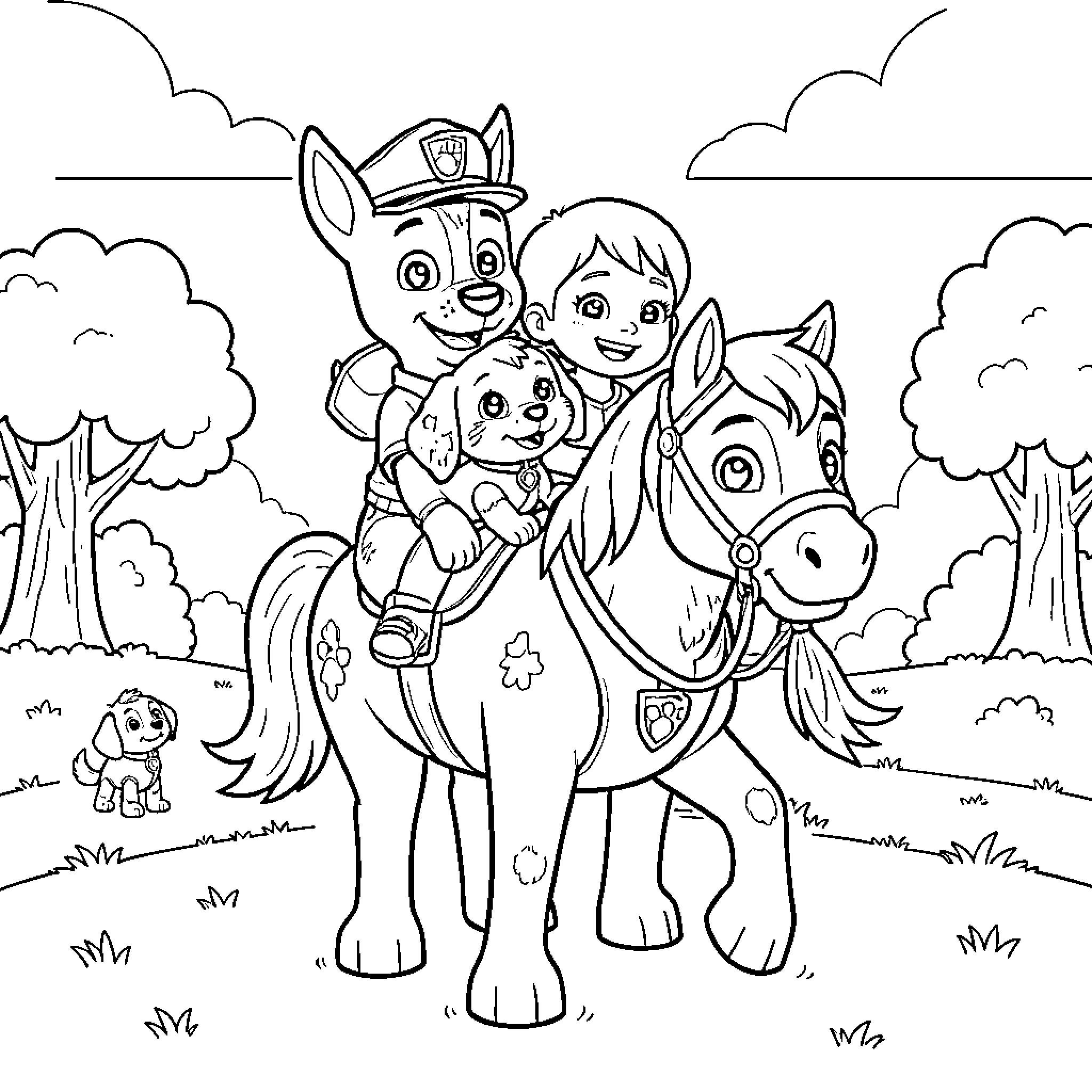 Paw Patrol characters riding a horse together happily Coloring Page (free black-and-white line drawing printable PDF for all, from beginners to advanced learners, including children, teens, adults, and seniors)