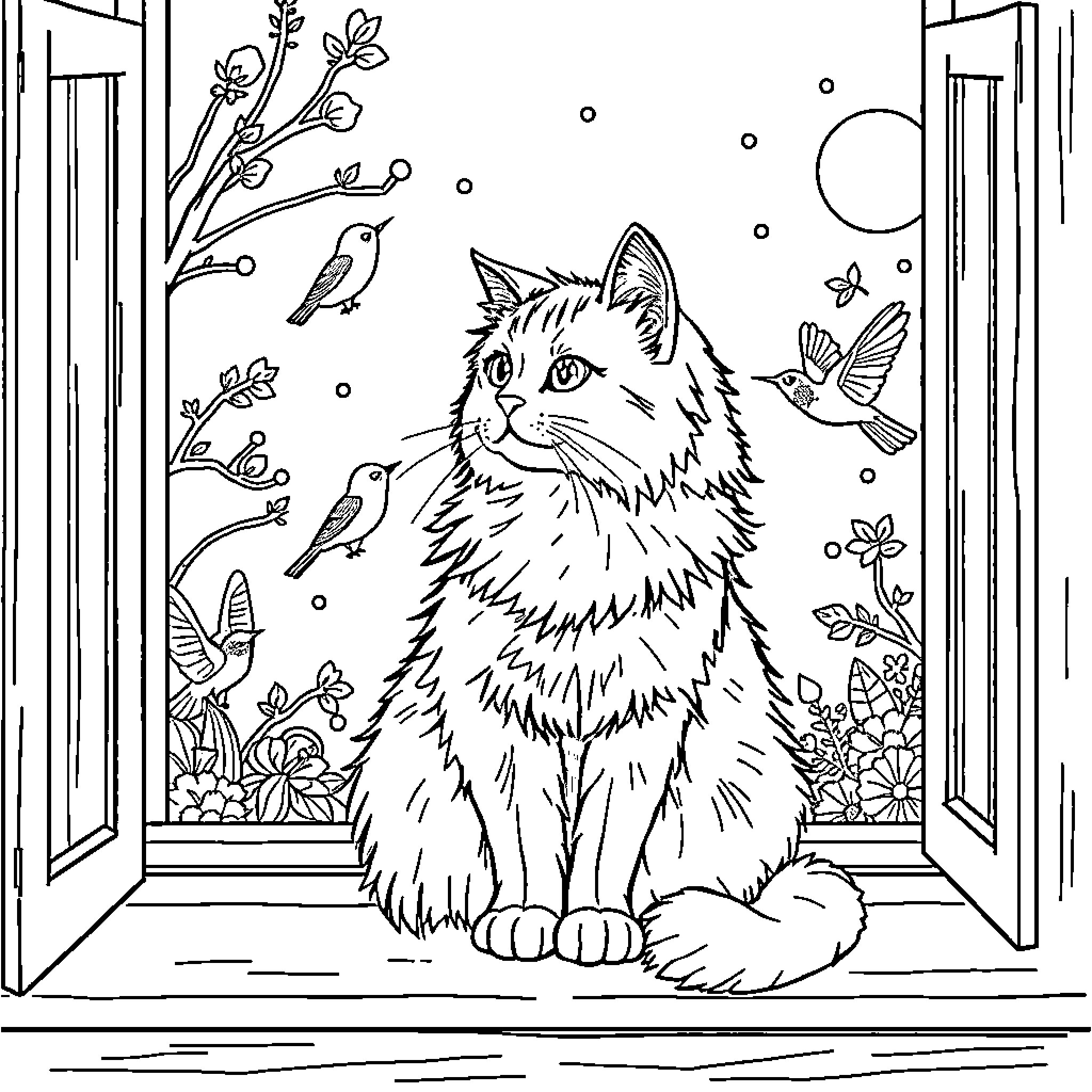 Cat observing birds through window Coloring Page (free black-and-white line drawing printable PDF for all, from beginners to advanced learners, including children, teens, adults, and seniors)