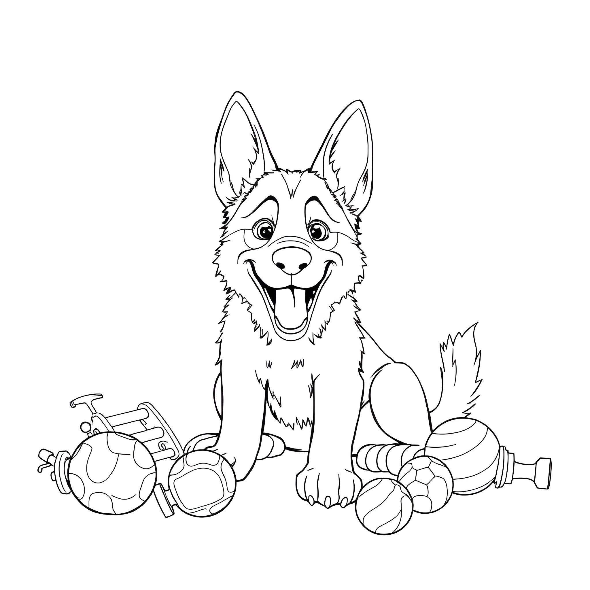 German Shepherd playing happily with toys Coloring Page (free black-and-white line drawing printable PDF for all, from beginners to advanced learners, including children, teens, adults, and seniors)