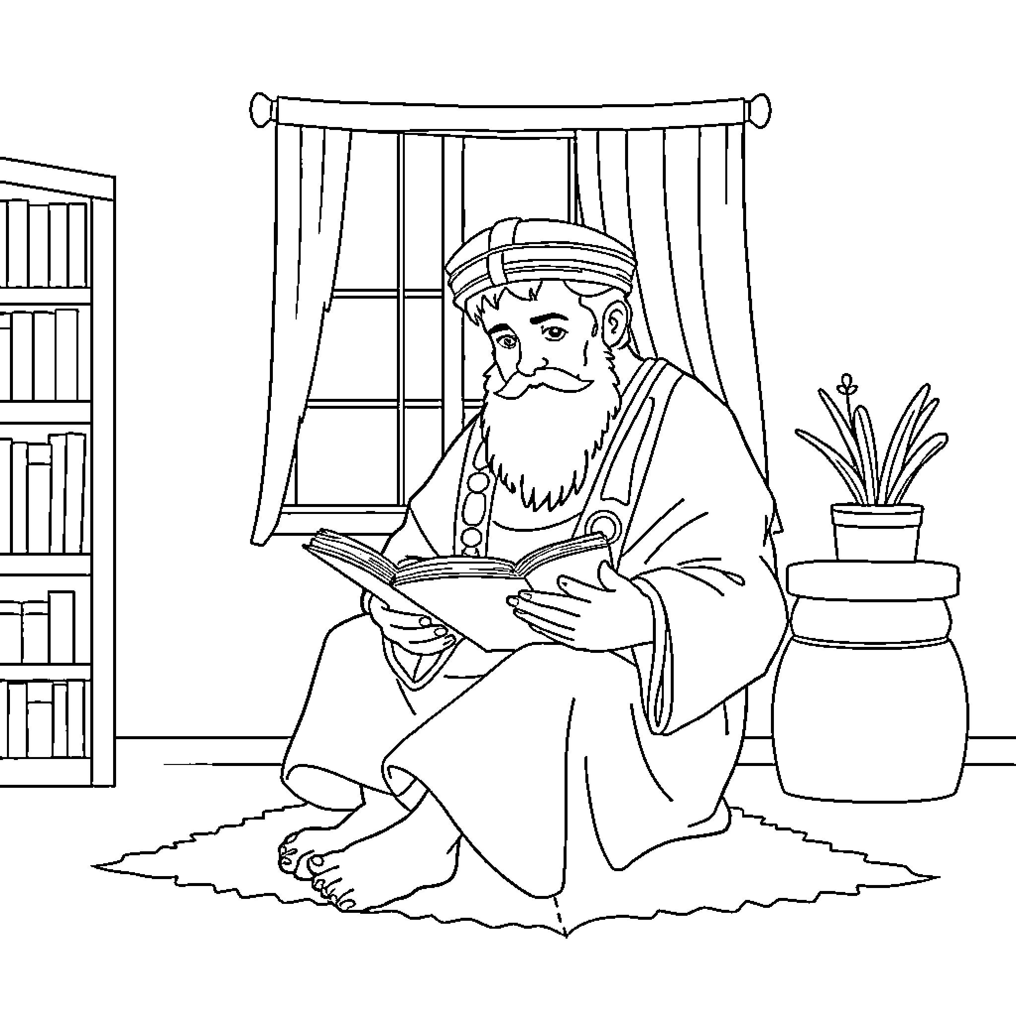 Kohen reading a book in a study Coloring Page (free black-and-white line drawing printable PDF for all, from beginners to advanced learners, including children, teens, adults, and seniors)