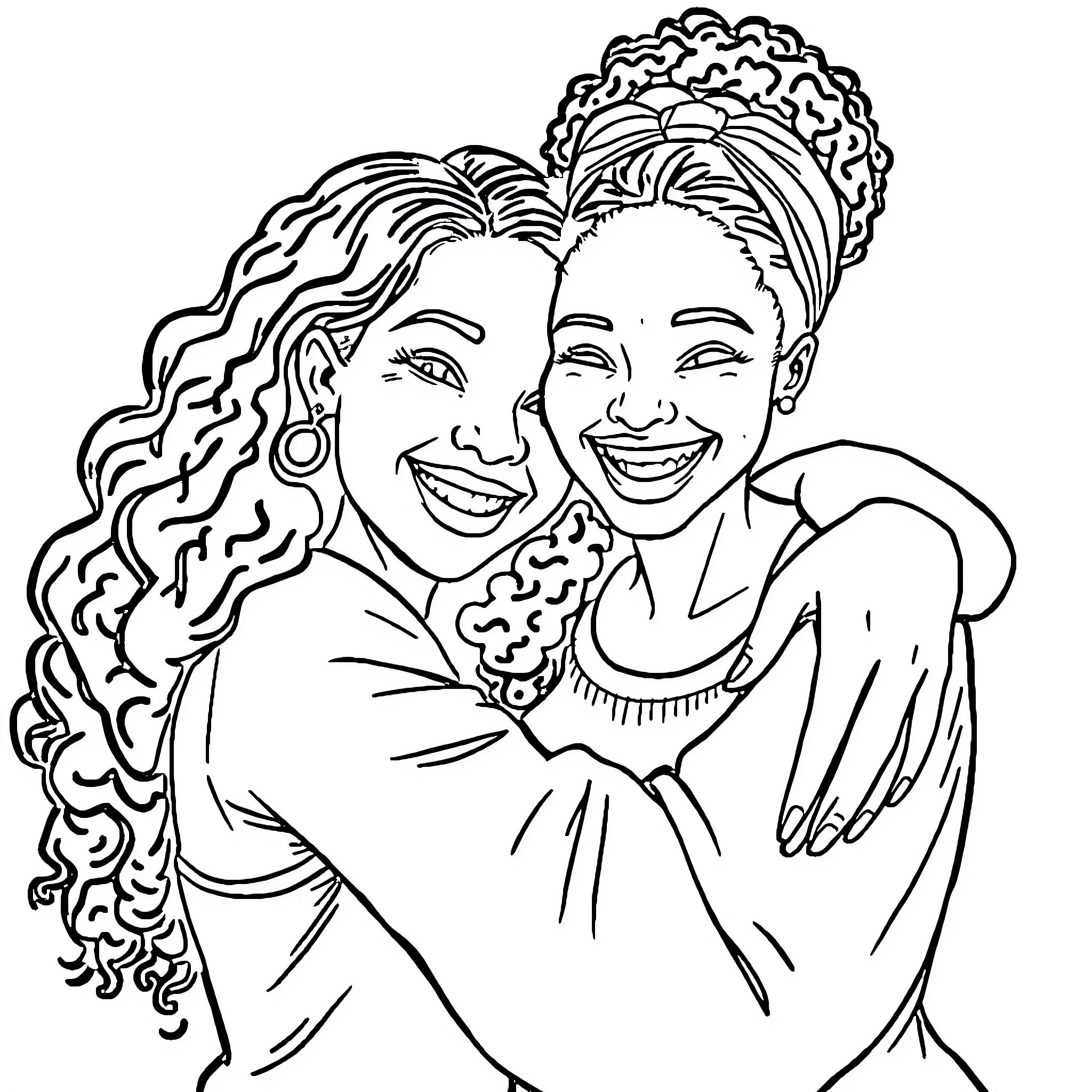 Sister's Heartwarming Embrace Coloring Page (free black-and-white line drawing printable PDF for all, from beginners to advanced learners, including children, teens, adults, and seniors)