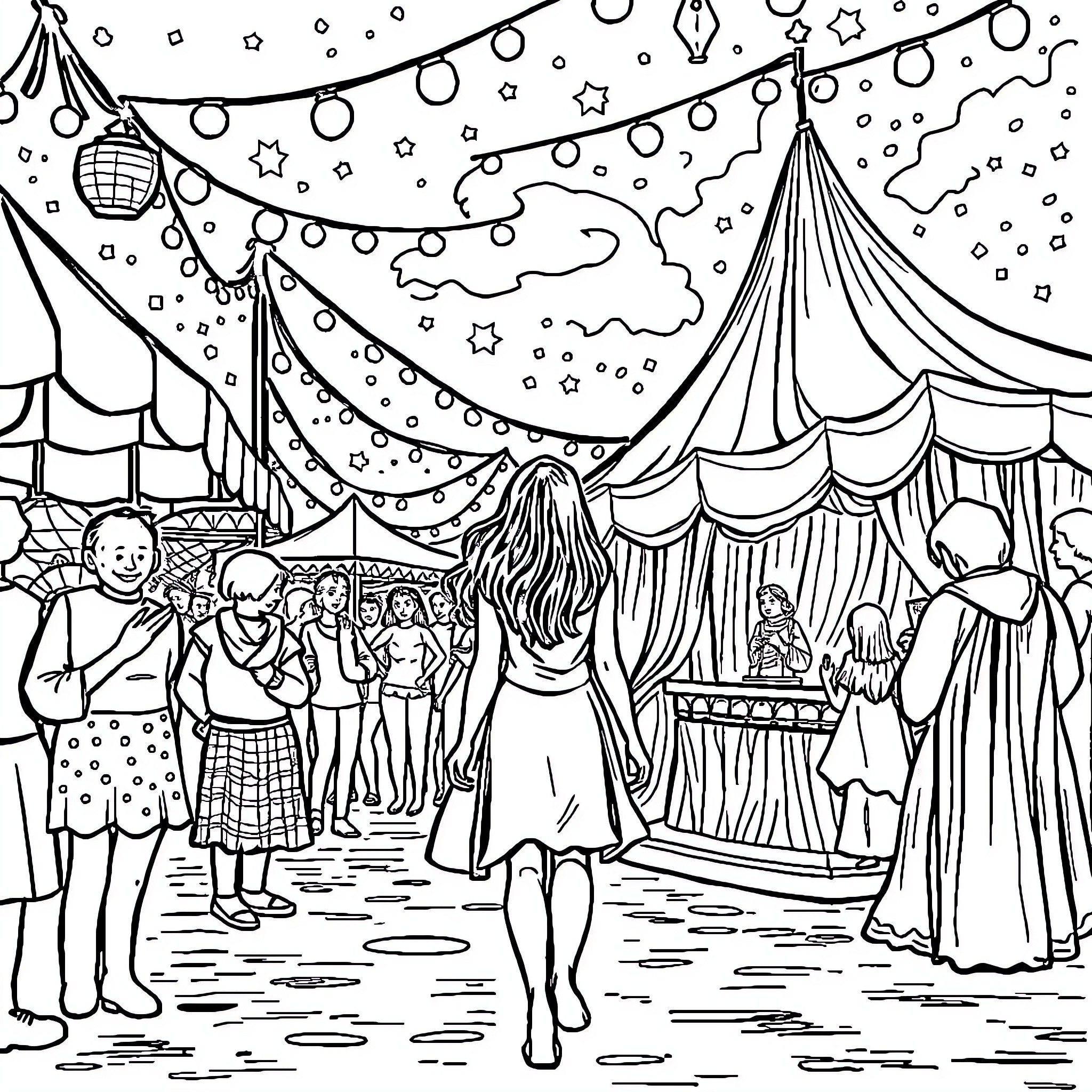Woman exploring the magical circus festival at night Coloring Page (free black-and-white line drawing printable PDF for all, from beginners to advanced learners, including children, teens, adults, and seniors)