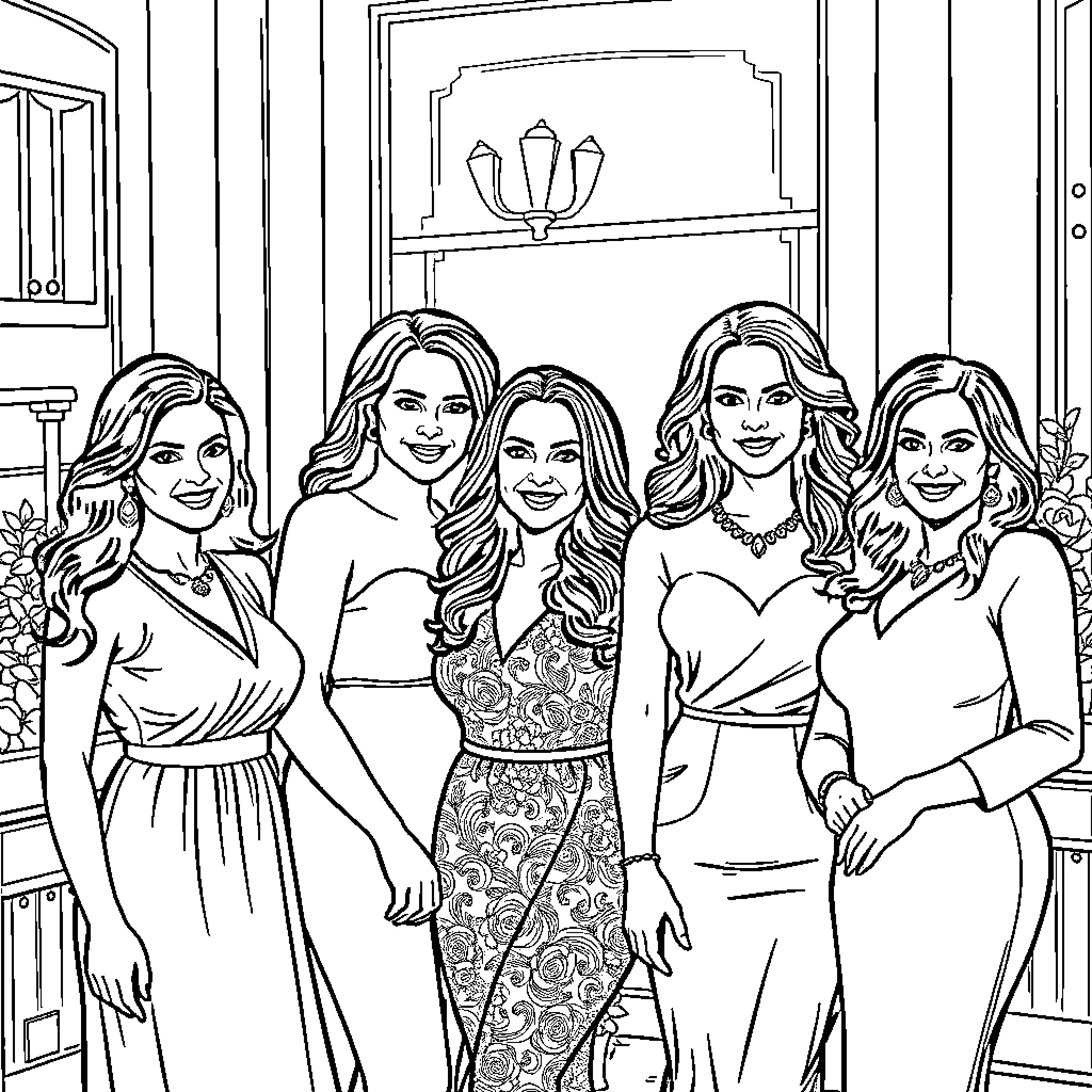 Housewives in Elegant Evening Attire Coloring Page (free black-and-white line drawing printable PDF for all, from beginners to advanced learners, including children, teens, adults, and seniors)