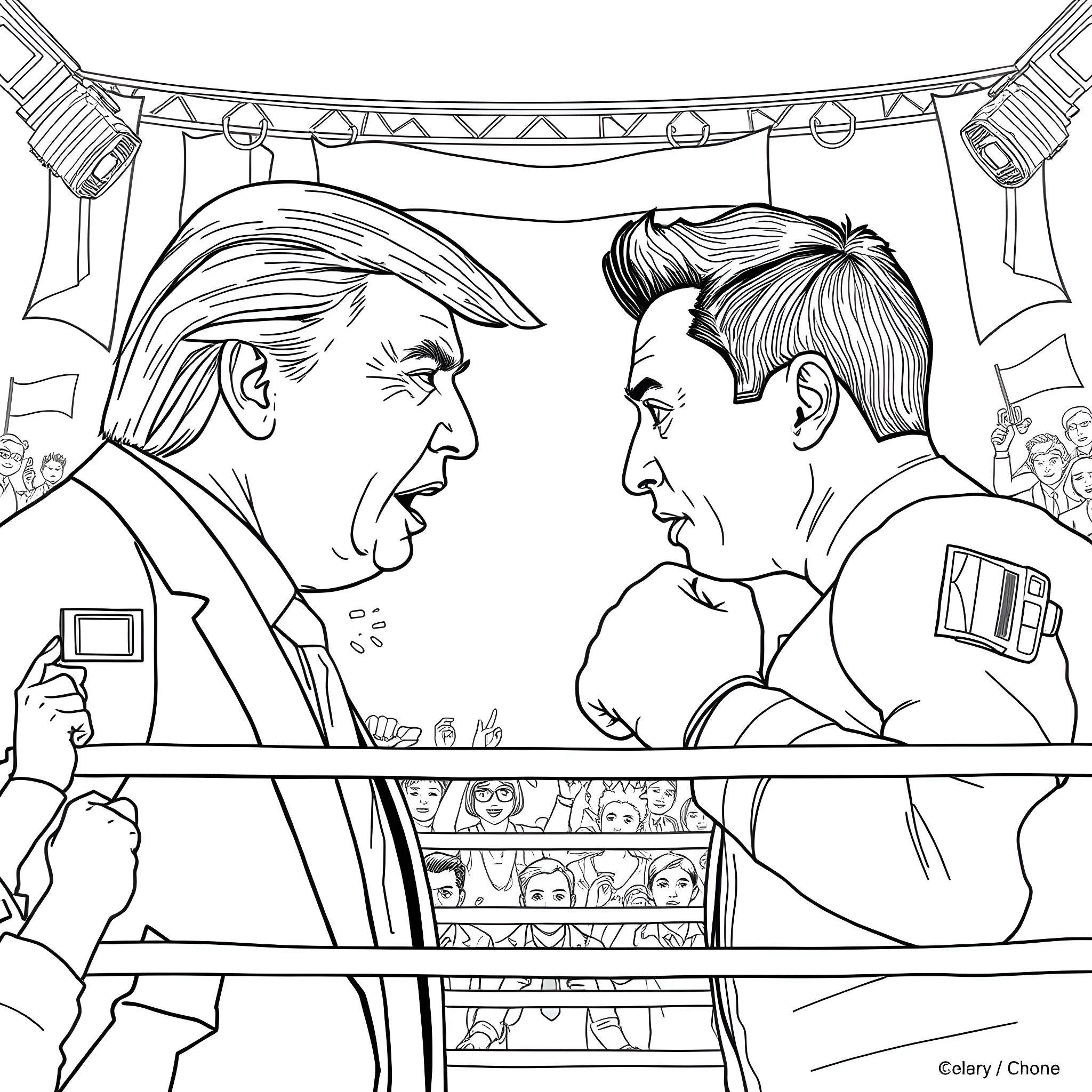 Donald Trump and Joe Biden engaged in a heated debate Coloring Page (free black-and-white line drawing printable PDF for all, from beginners to advanced learners, including children, teens, adults, and seniors)