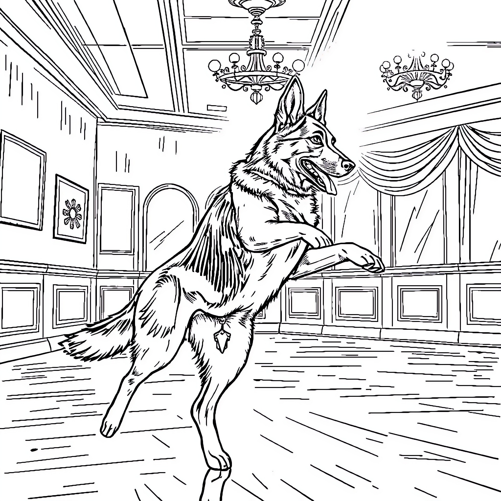 German Shepherd standing tall in regal interior Coloring Page (free black-and-white line drawing printable PDF for all, from beginners to advanced learners, including children, teens, adults, and seniors)