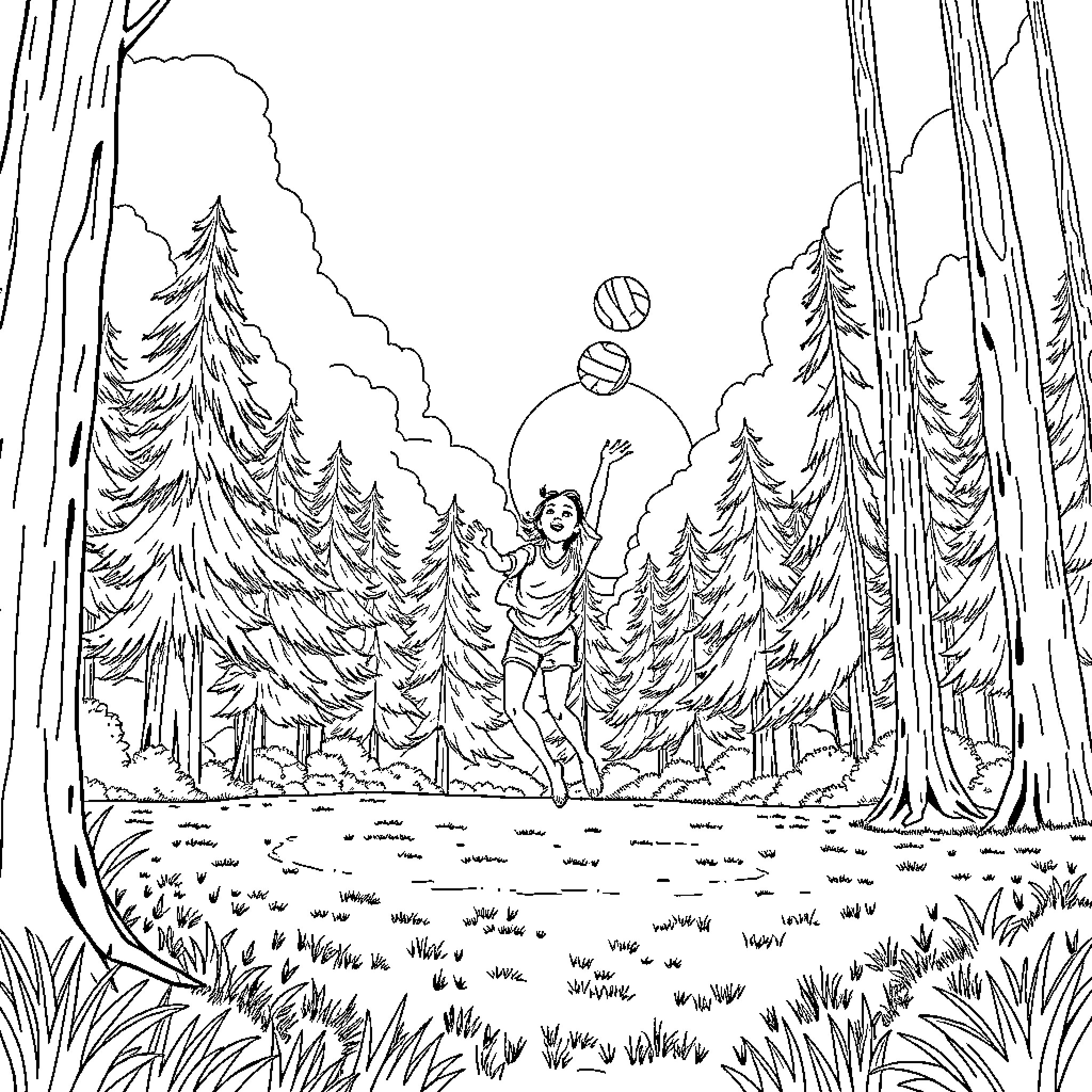 Girl playing with ball in the forest Coloring Page (free black-and-white line drawing printable PDF for all, from beginners to advanced learners, including children, teens, adults, and seniors)