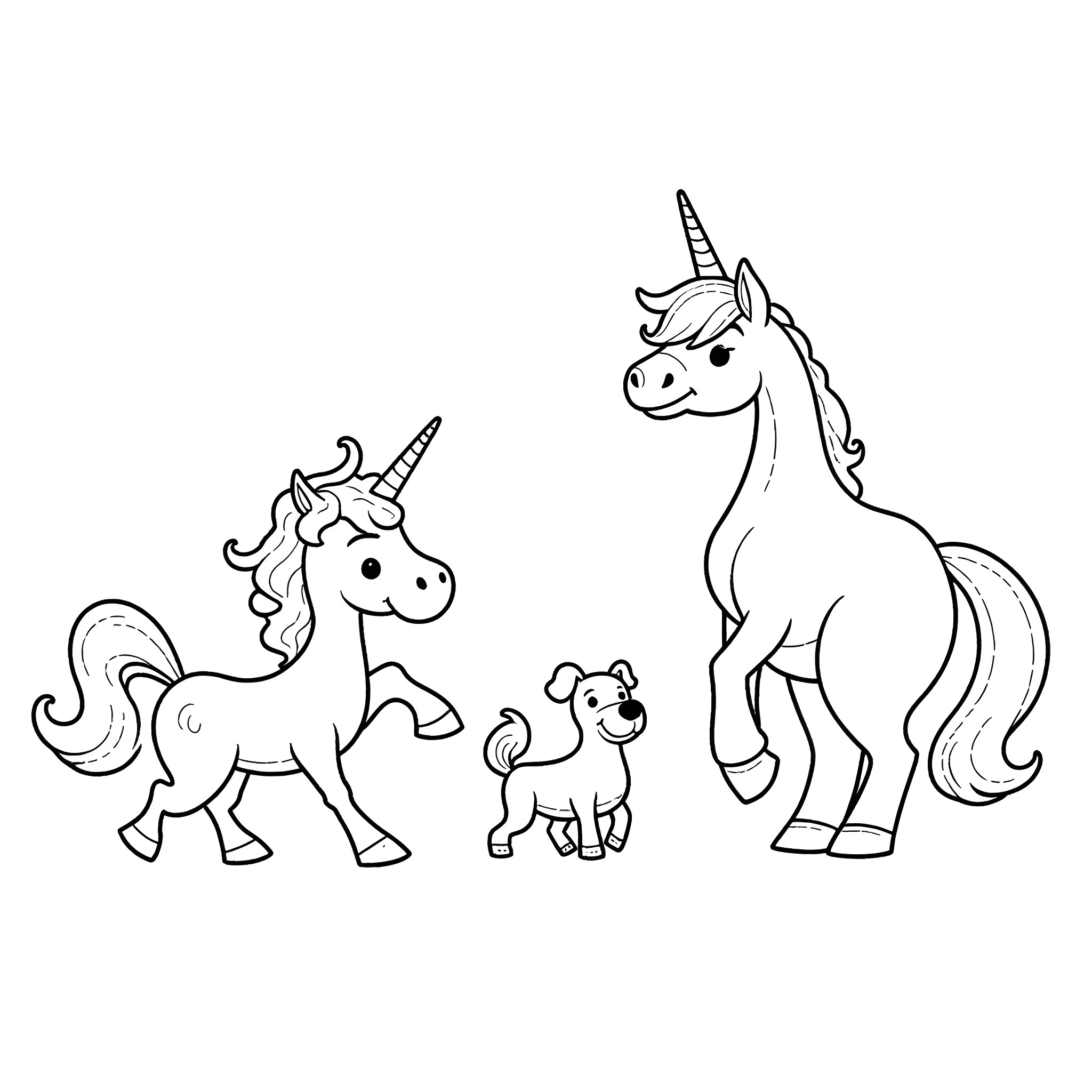 Unicorn family playing happily together Coloring Page (free black-and-white line drawing printable PDF for all, from beginners to advanced learners, including children, teens, adults, and seniors)